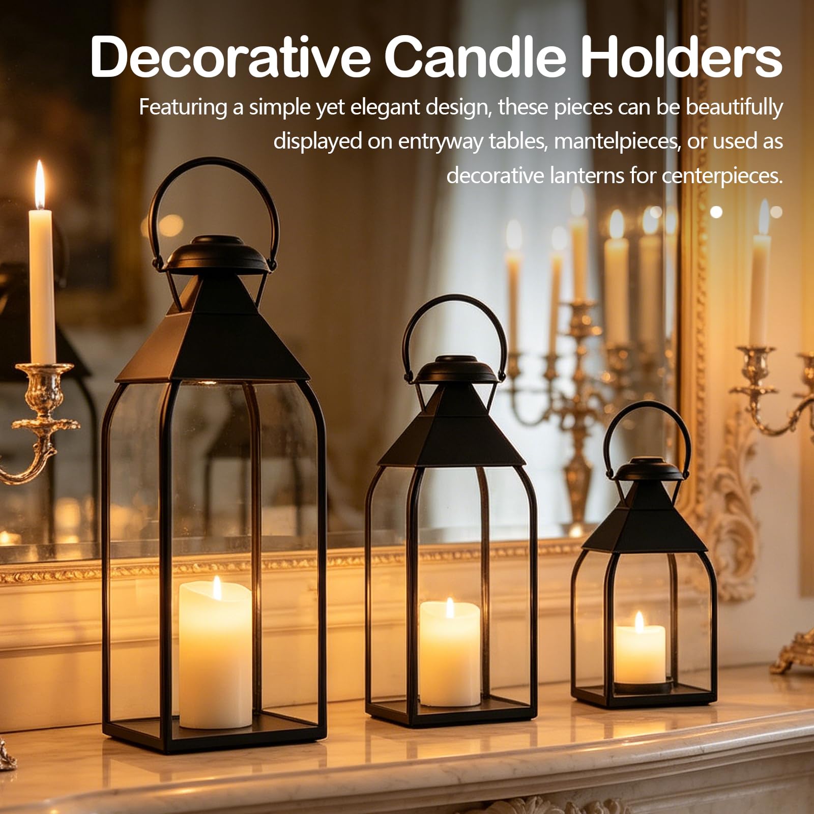 Lanterne Bougie Décorative Noire, 3 Pièces Lanternes Jardin pour Bougies Bougeoirs en Métal (sans Bougies), Lanternes Suspendues pour Intérieur Extérieur Fête de Mariage Maison Salon Cheminée