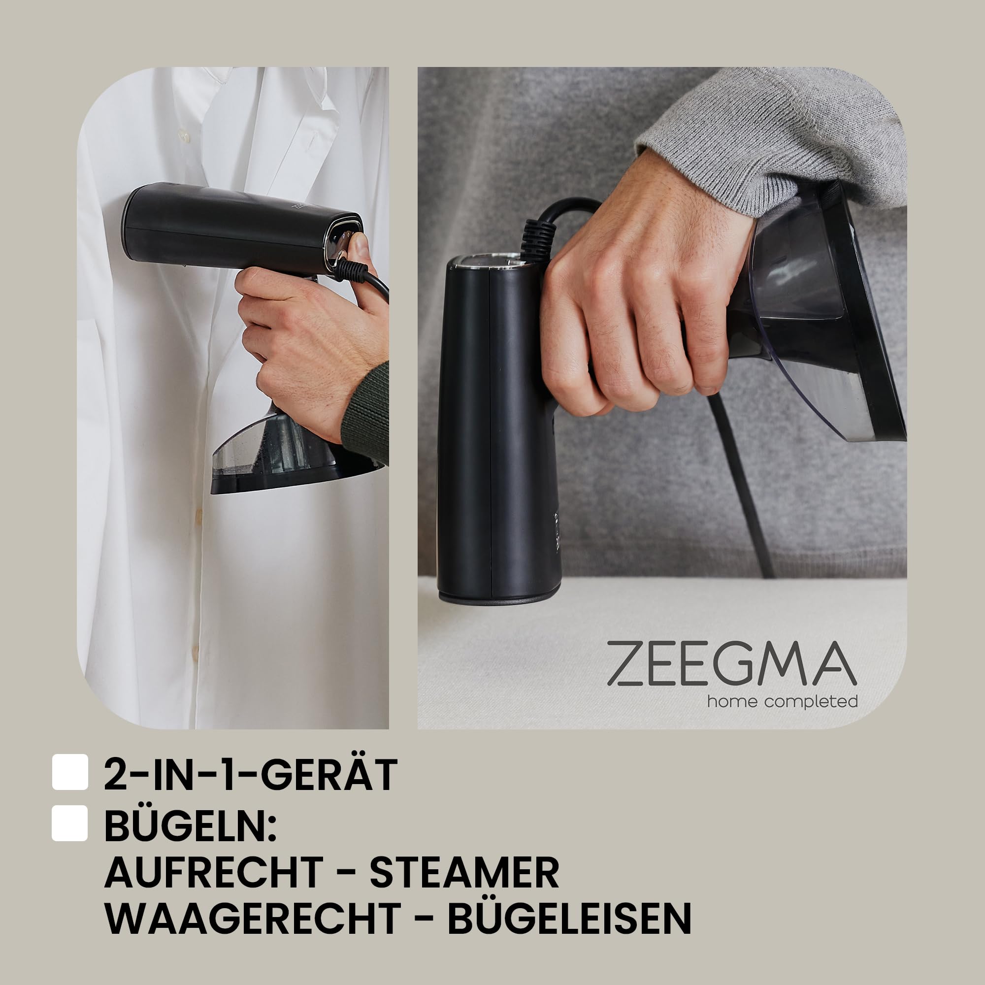 ZEEGMA FRISKEER 2-in-1 tragbarer Dampfglätter, Steamer, Dampfbügeleisen | 1640 W, 380 ml Dampfleistung 25 g/Min., schnelles Aufheizen, stoffsicher, horizontales und vertikales Bügeln
