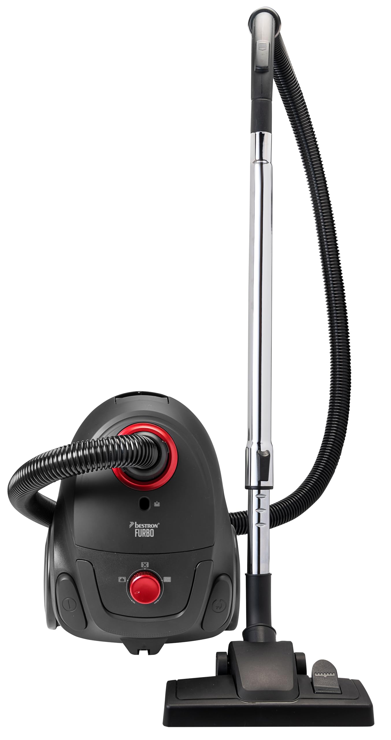Bestron Staubsauger mit Beutel, Bodenstaubsauger inkl. 3 Staubsaugerbeutel, 94cm Teleskopstange & umschaltbarer Bodendüse, 7.5m Aktionsradius, auswaschbarer HEPA12 & Mikrofilter, Farbe: Schwarz/Rot