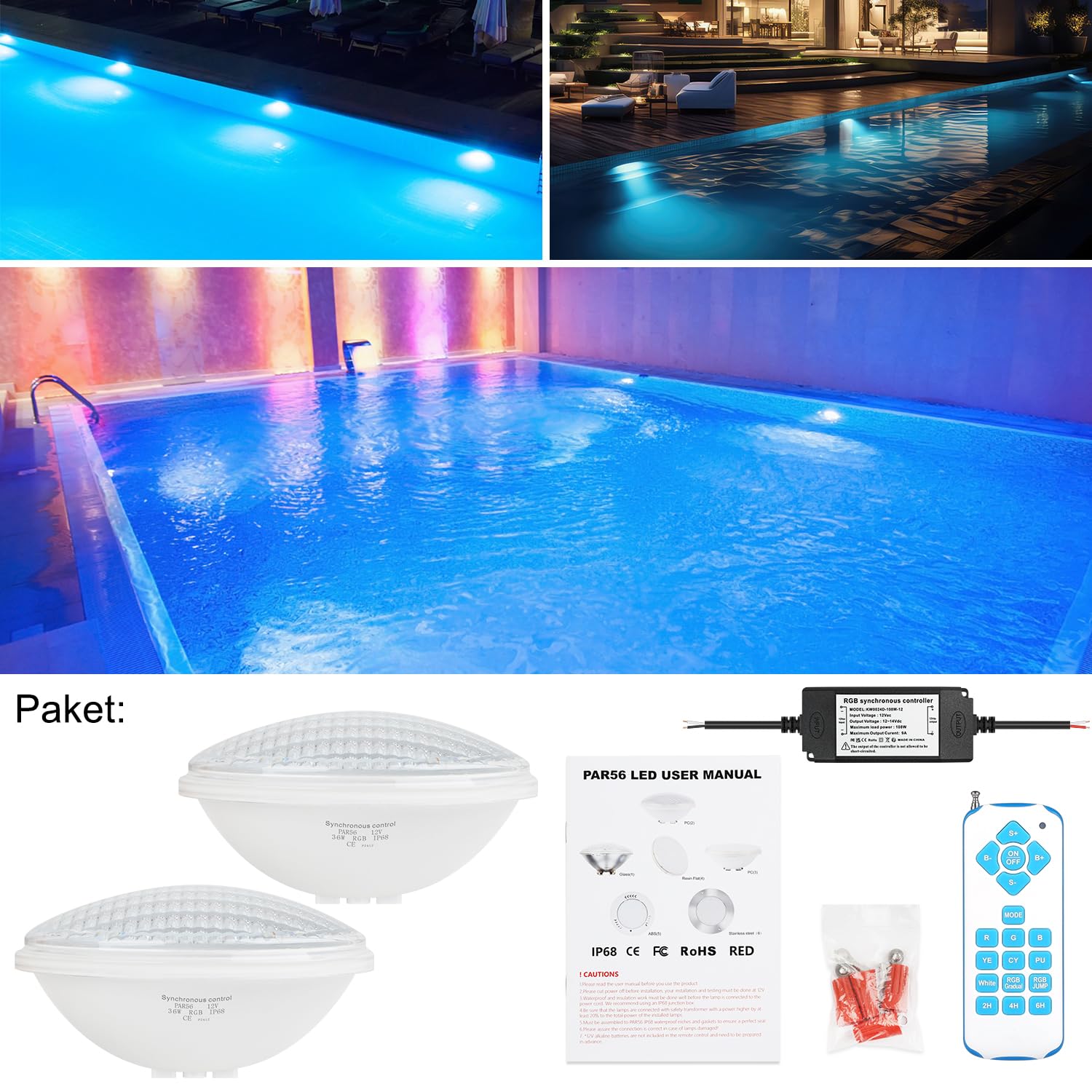 COOLWEST LED Poolbeleuchtung PAR56 RGBW 36W Unterwasser Licht Externe Synchronisation mit Fernbedienung Outdoor Poolscheinwerfer AC 12V für Schwimmbad Garten Licht (2er-Pack)