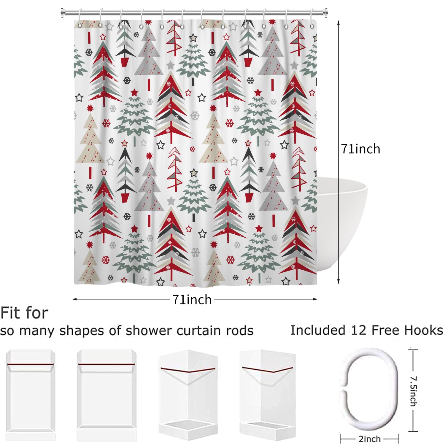 SHIYUE Weihnachts-Duschvorhang – 180g/m², Wasserdicht, 182x182 Cm, Mit 12 Haken