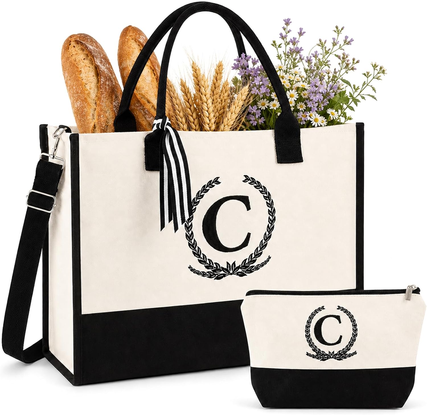 Embroidered Floral Monogram Canvas Tote with Zipper Pockets Gift for Her