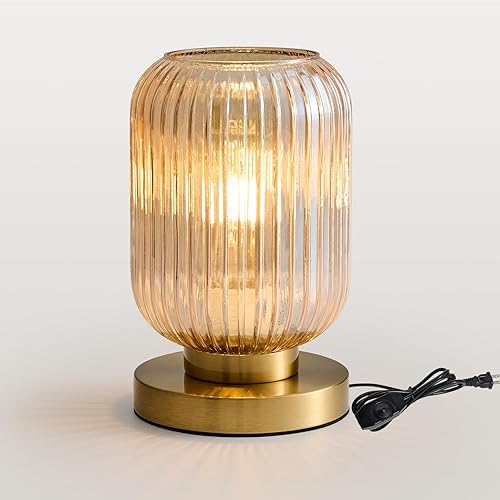 Lámpara de mesa moderna de mediados de siglo globo de vidrio acanalado ámbar vintage regulable enchufe pequeñas lámparas de noche - Linda lámpara de