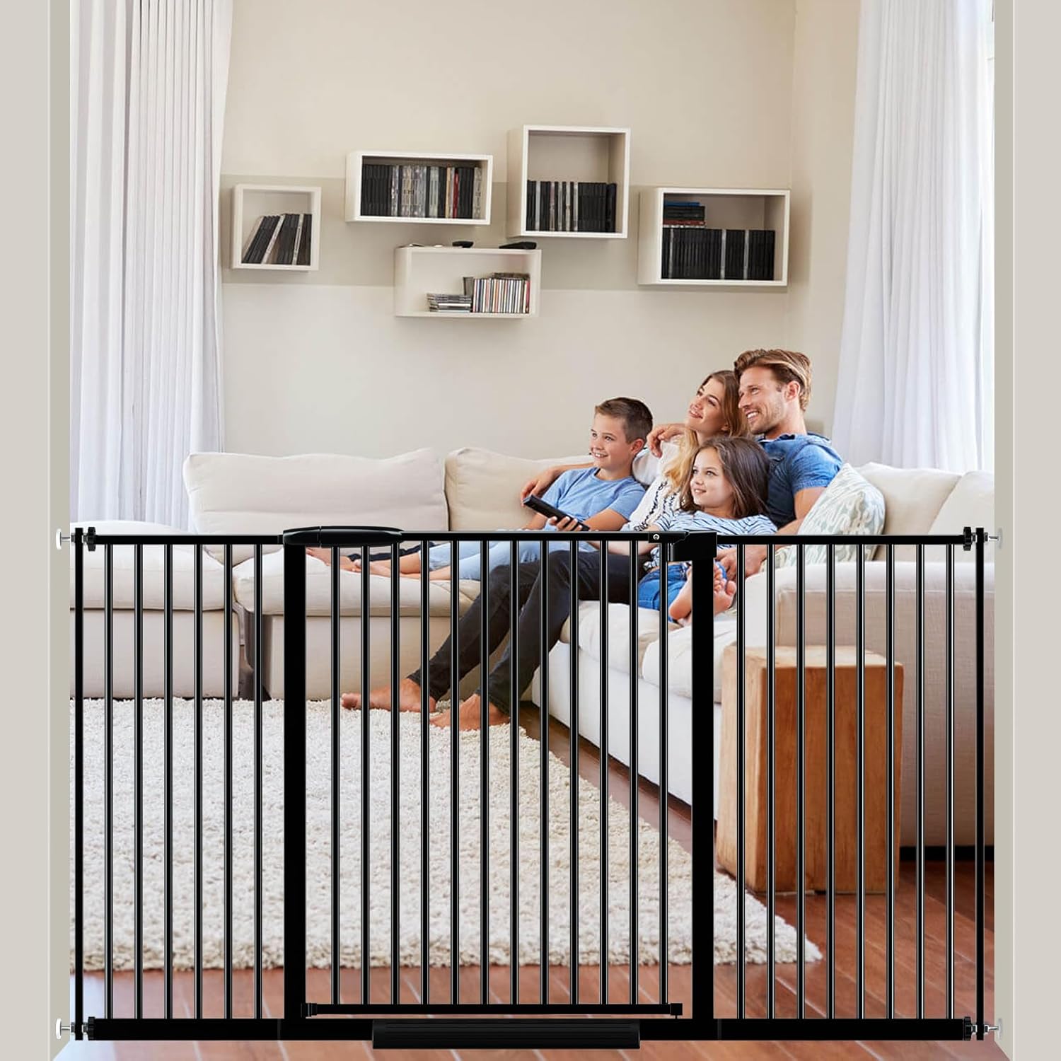 DEARBB Extra Wide Baby Gate Ultra Narrow Spacing 30.11-73.42" Pressure Mounted Double Lock Swing Auto Close Walk Through Metal Safety Pet Gate for Stairs and House Doorway Kitchen,Black 53.74-57.67"
