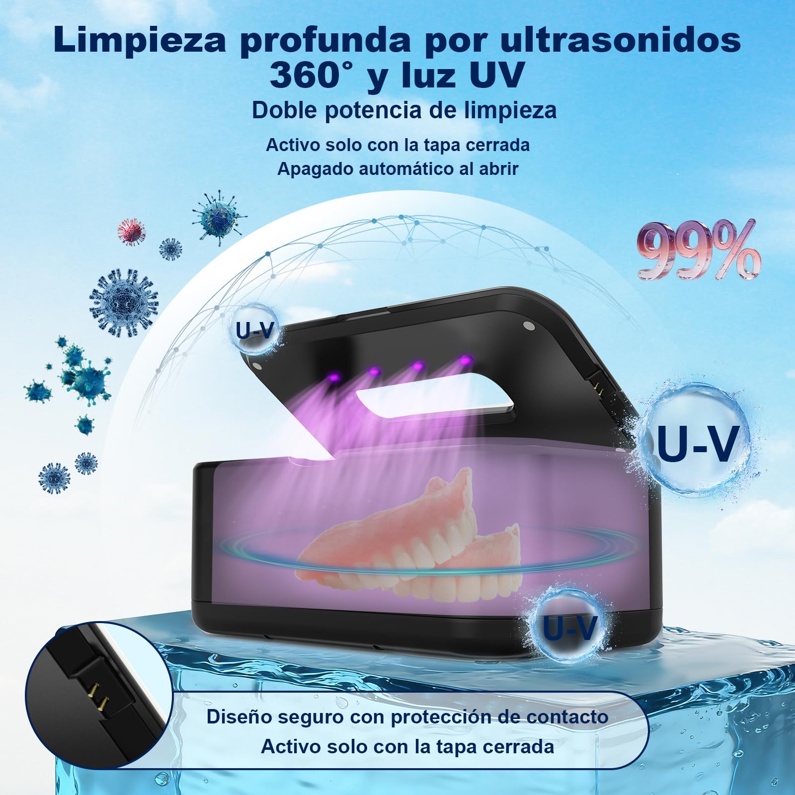 Dispositivo de limpieza por ultrasonidos férula dental 49 kHz | 5 modos, portátil, 800 ml, acero inoxidable 304 SUS