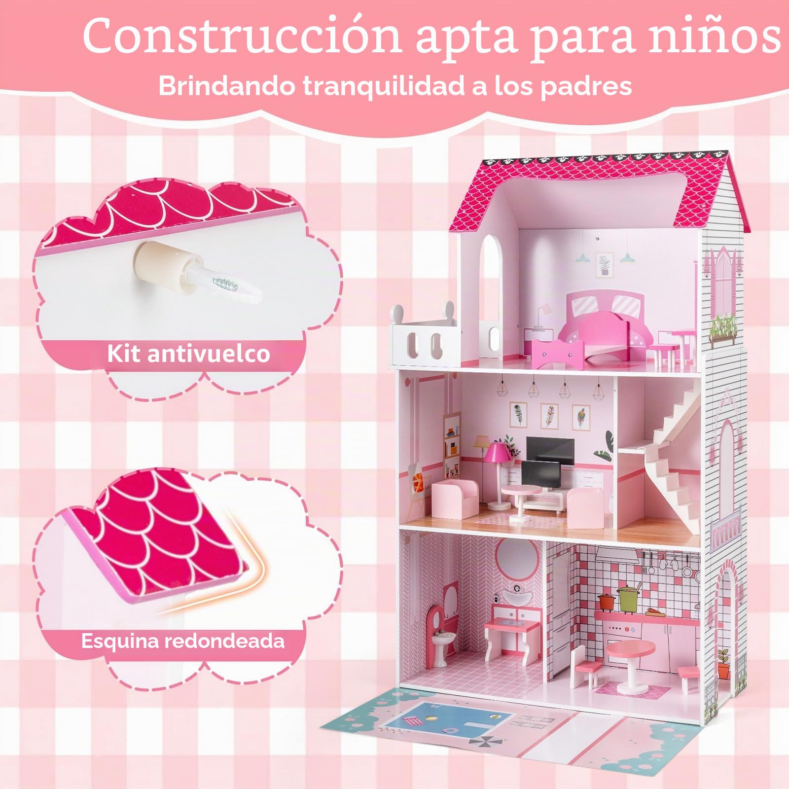 FANTASK Casa de muñecas de Madera de 120,5 cm de Alto, 3 Niveles y 17 Muebles, casa de Juegos para niñas y niños a Partir de 2 años, 73 x 34 x 120,5 cm (Rosa)