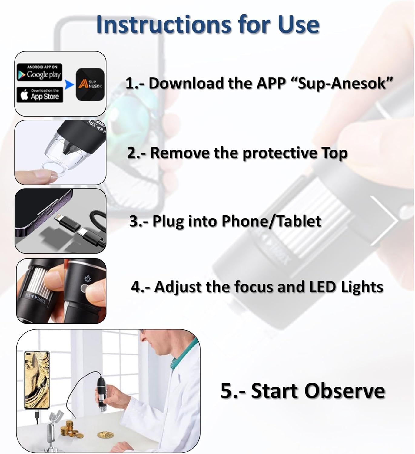 USB Digital Microscope, 50x-1600x Magnification Handheld, 1920P HD 8 LED Lights, Portable Pocket Microscope, Compatible with iOS and Android Devices, +2MP Magnifier Camera, No PC Support (with Stand)