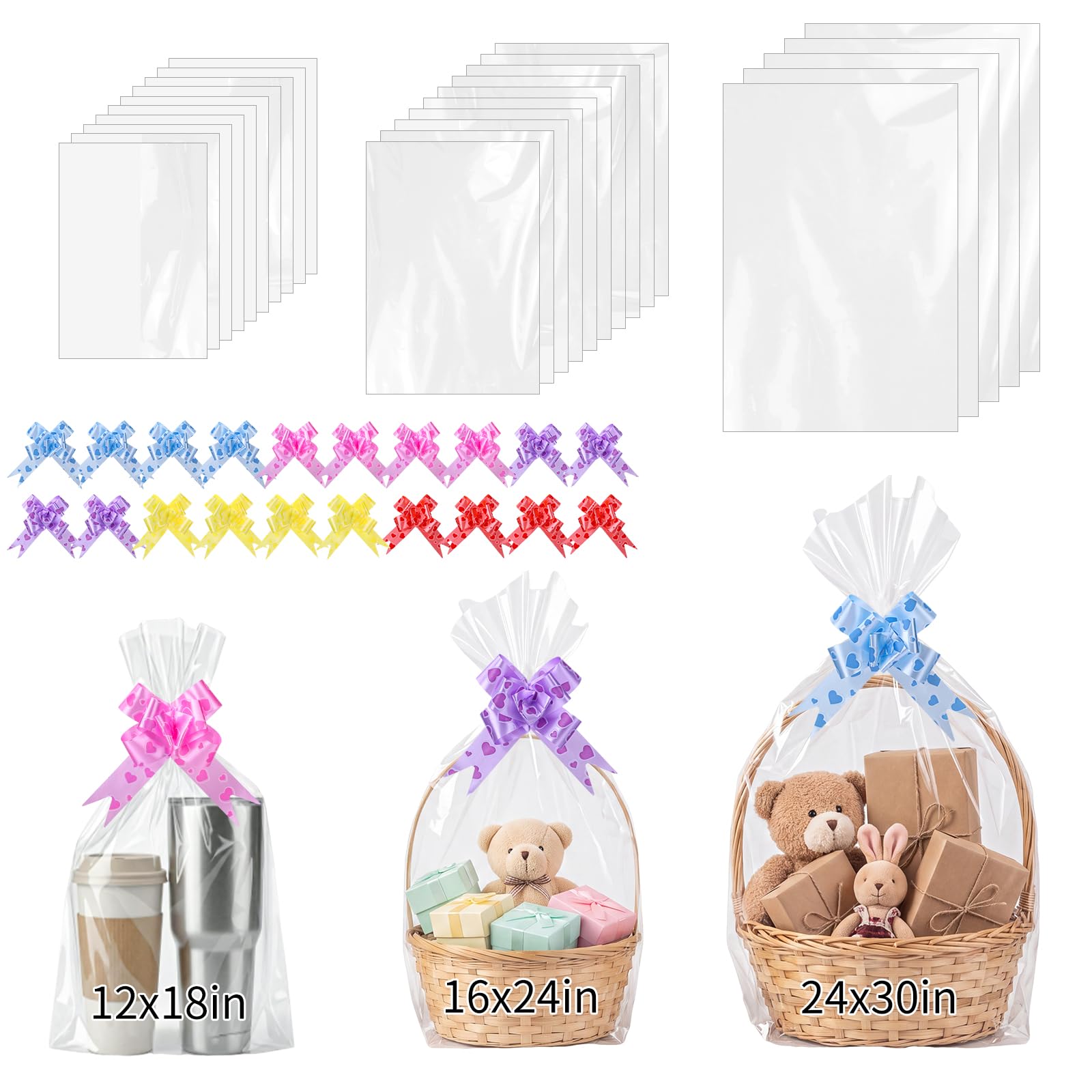 woric 3 Size Clear Cellophane Gift Bags 24x30 16x24 12x18in with Pull Bows
