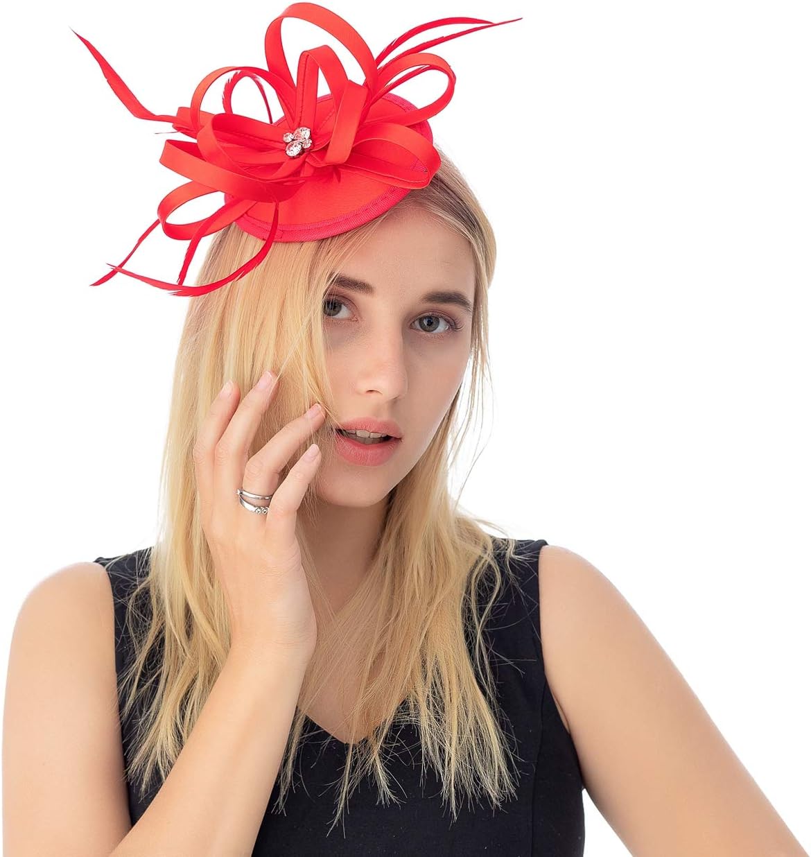 FELIZHOUSE Satin Feather Fascinator Hats Headband for Women, Wedding Cocktail Tea Party Royal Ascot Church Head Piece, Costume Hair Clip Accessories (#5 Red with Zircon)