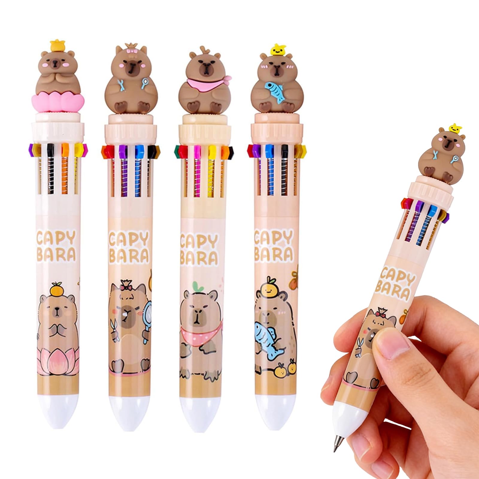 QGH Capybara Pens Multi Coloured Pens All in One – 4 PCS 0.7 mm Multi Colour Pen 10 in 1 Retractable Ballpoint Pens – Cute Capybara Design Pen for School Office Supplies