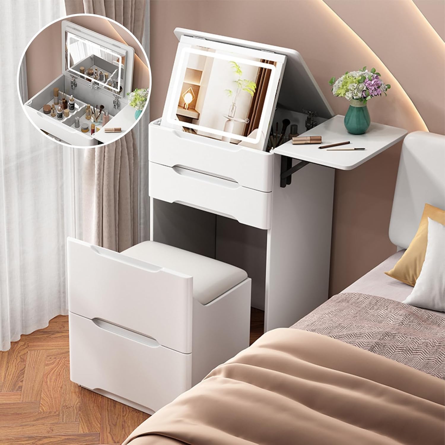Dressing Table with Lighting Make-Up Dresser with Mirror Vanity Desk Compact Dressing Table Dressing Table 50 x 40 x 82 cm Wheels Stool Flip Top 3-in-1 Small Hinged Mirror