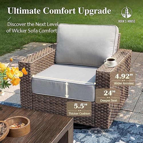 Miniatura 9 de HERA'S HOUSE Juego de conversación de muebles de patio, sillas de mimbre giratorias para exteriores con reposabrazos ampliados de 4.92 pulgadas,