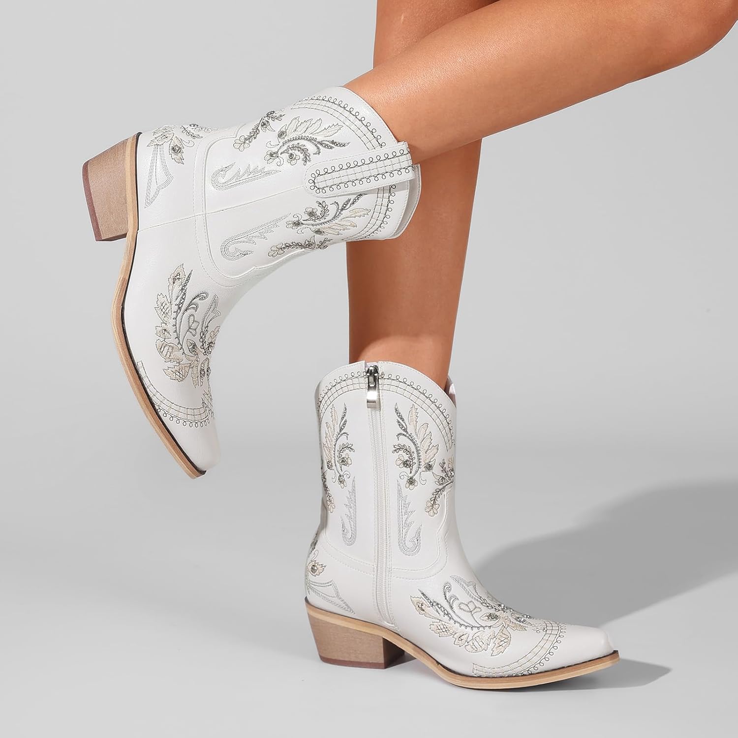 Rhinestone Ankle Cowboy Boots for Women Embroidered Short Cowgirl Boots with Low Heel Side Zipper Comfortable Chunky Heel Western Booties for Prom Party Wedding Pull On Shoes - Image 2