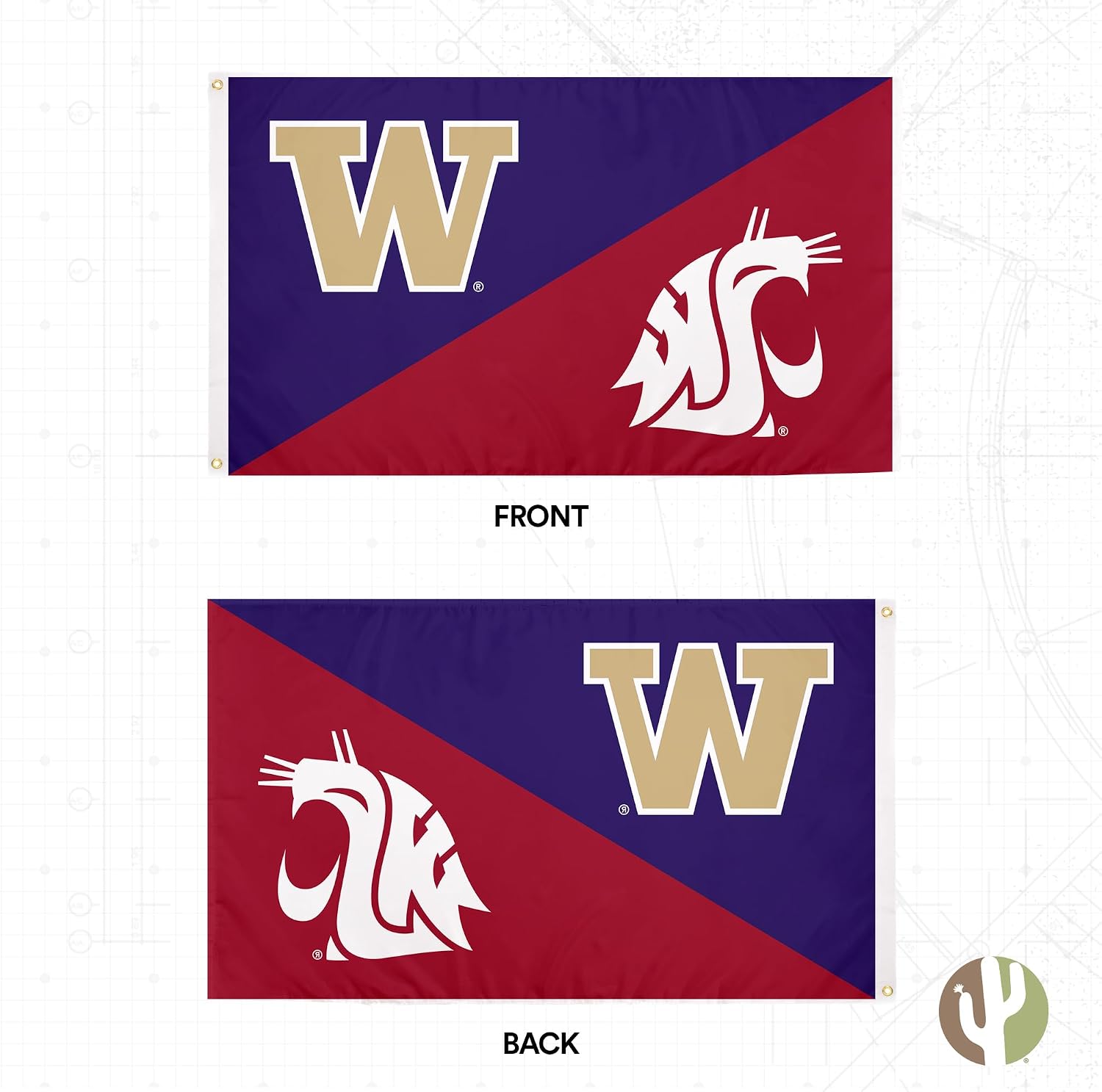 Desert Cactus Washington x Washington State Rivals Flag U of W UW Huskies Husky and WSU Cougars Cougs Banners 100% Polyester Indoor Outdoor 3x5 feet Flags (House Rivals Flag)