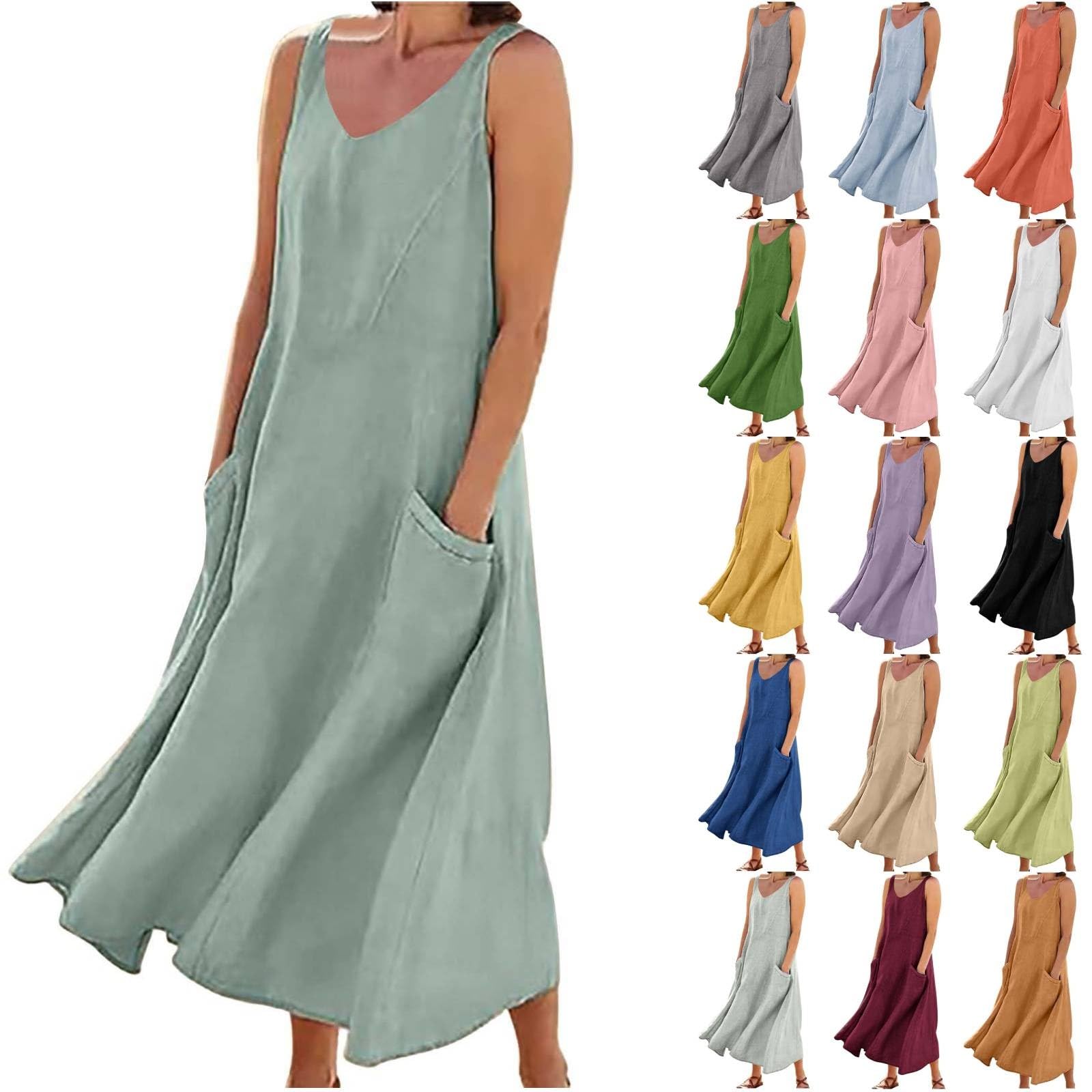Arispjct Summer Cotton Linen Long Dress for Women 2025 Sleeveless Boho Flowy Dresses Plus Size Loose Comfy Dress with Pockets