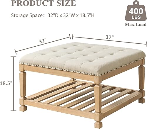 Vista 2 de Mesa de centro otomana cuadrada grande, otomana tapizada de lino sólido con estante de madera maciza, mesa de centro copetuda para dormitorio, sala