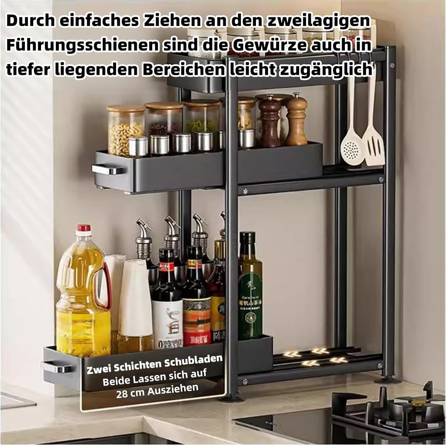 Metalowa półka kuchenna, 3-poziomowy stojak z boczną balustradą na oleje i przyprawy, idealny do kuchenki, szafki lub zlewu, wymiary 40 x 16 x 61 cm
