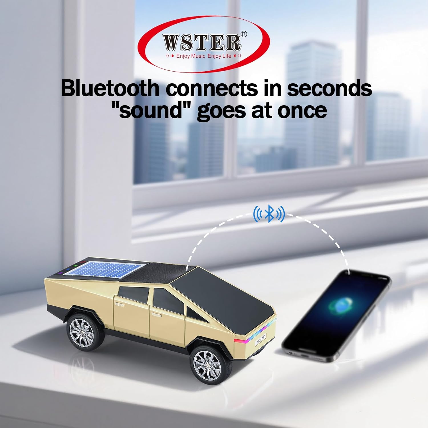 WS-699 Solar Bluetooth Replica Speaker – Future Pickup Truck Design, HD Sound, TWS Stereo Pairing, FM Radio, LED Party Light, USB/TF Playback, Hands-Free Mic, Type-C Charging, Portable Gift (Gold)