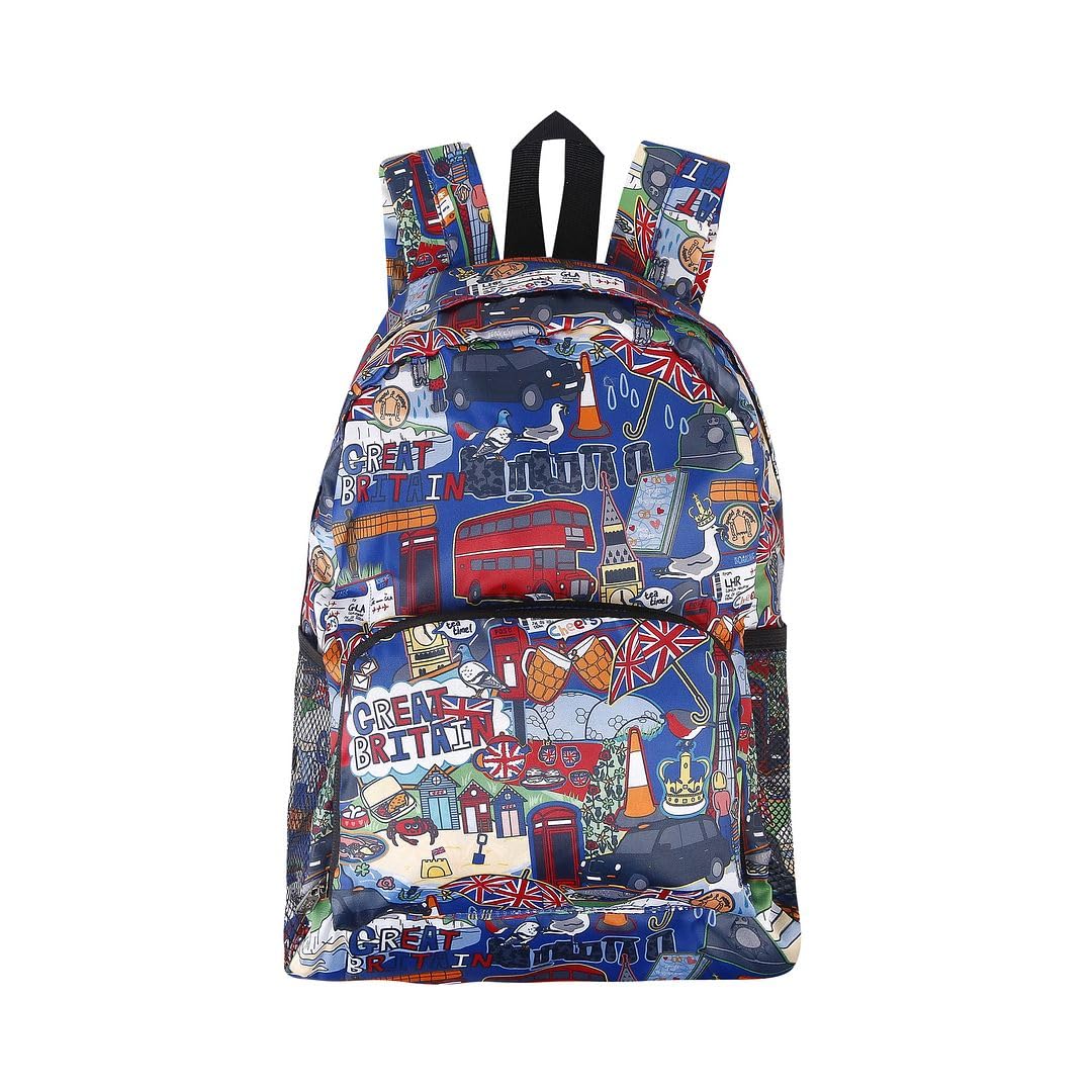 Eco Chic Unisex Great Britain Navy Lightweight Foldable Water Resistant Mini Backpack Folds Into Pouch For Storage (Great Britain Navy)