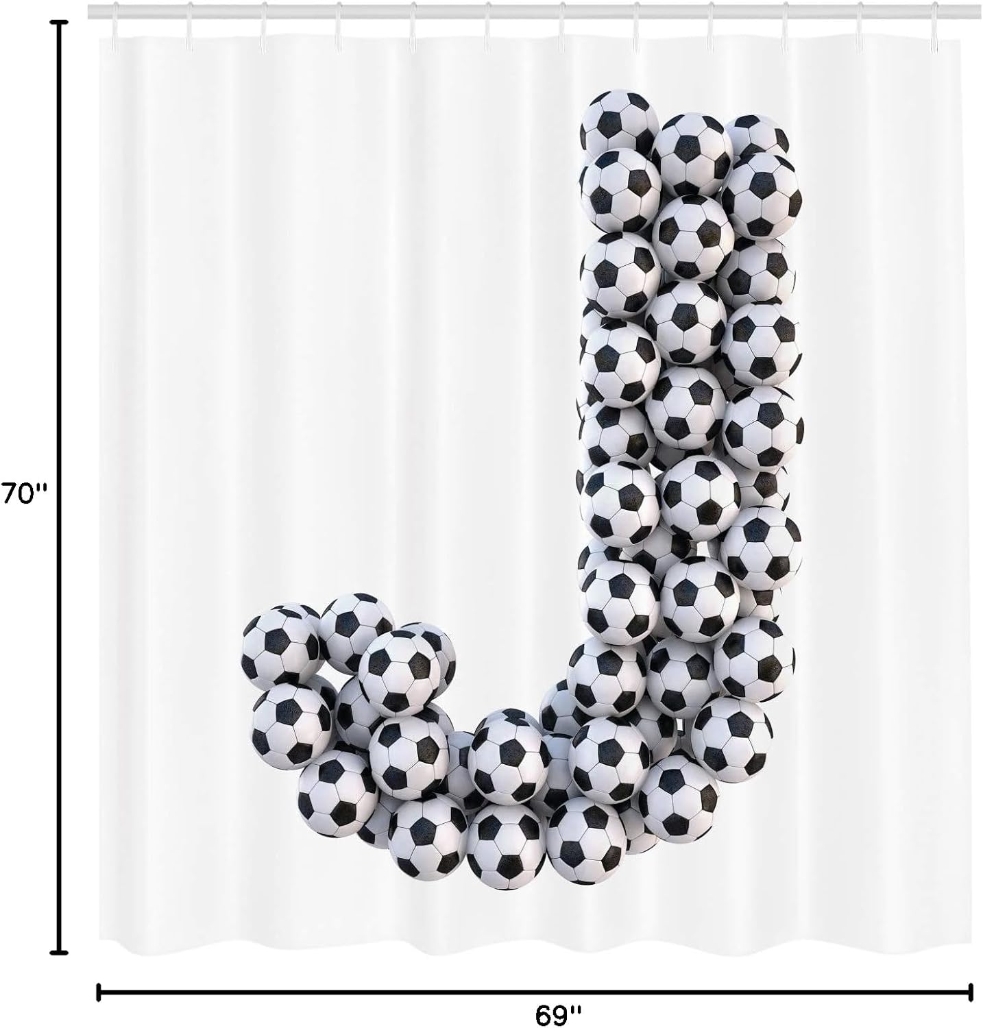 Ambesonne Letter J Shower Curtain, Soccer Balls in The Form of a Letter Futboll Alphabet Theme Teamplay Sports, Cloth Fabric Bathroom Decor Set with Hooks, 69" W x 70" L, Black and White