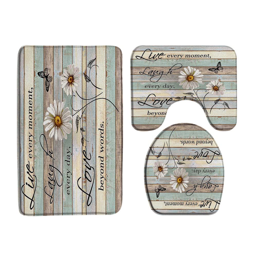 Rustic Daisy 3 Piece Bath Rugs Set,Farmhouse Floral Butterfly with Inspirational Quotes on Wood Board Country Bathroom Kitchen Rug with 16