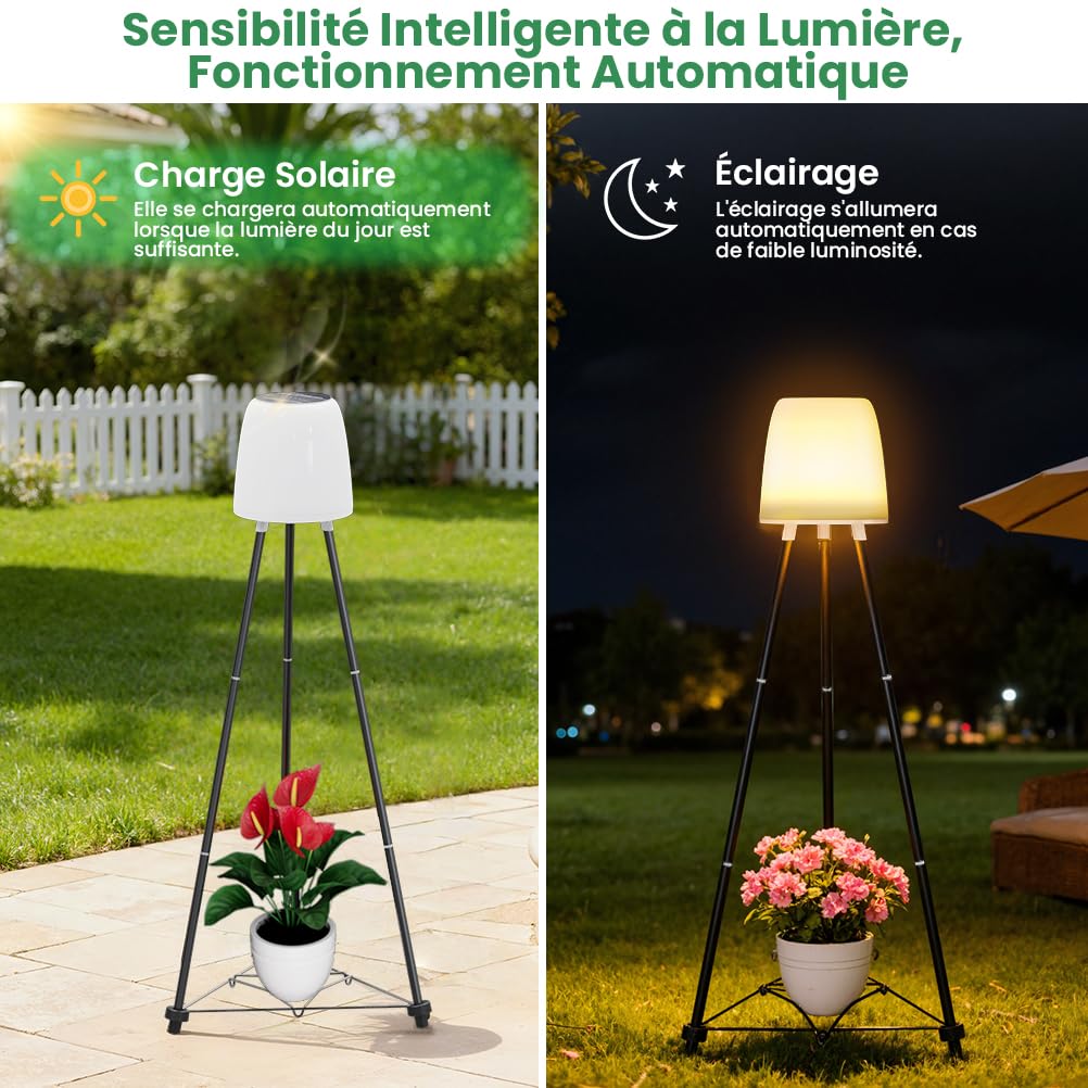 Lampadaire Solaire Exterieur RVB et Blanc Chaud, Étanche Lampe Exterieur sur Pied avec Capteur de Lumière et Trépied, Peut Contenir des Pots de Fleurs, pour Jardin, Cour, Chemin, Terrasse, Piscine