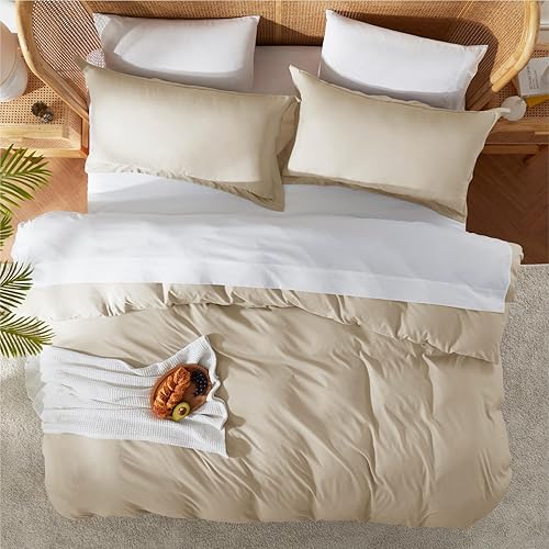 Miniatura 5 de Nestl Juego de funda de edredón color beige crema de talla individualindividual XL, de suave doble cepillado, 2 piezas, cierre de botón, 1 funda de