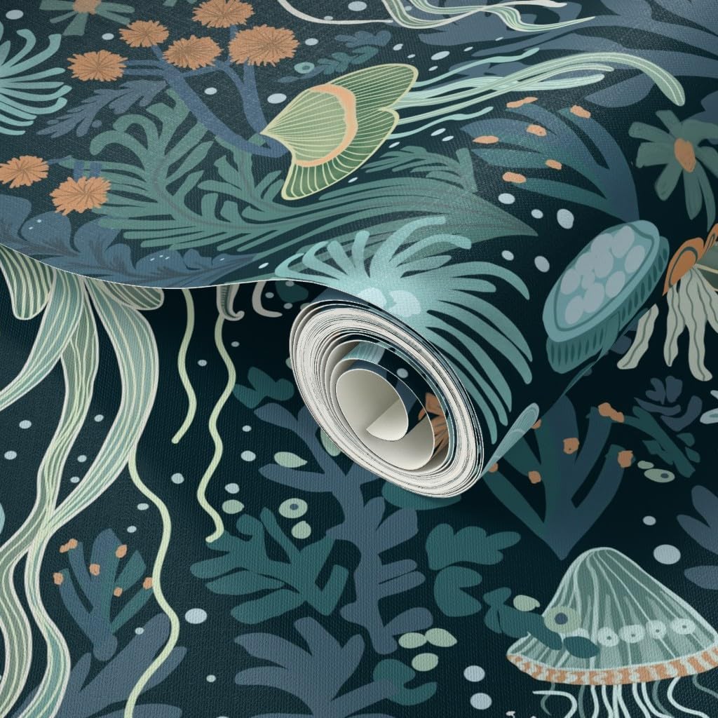 Peel & Stick Wallpaper 3ft x 2ft - Blue Jellyfish Under The Sea Ocean Life Seaweed Hand Drawn Coastal Custom Removable Wallpaper by Spoonflower