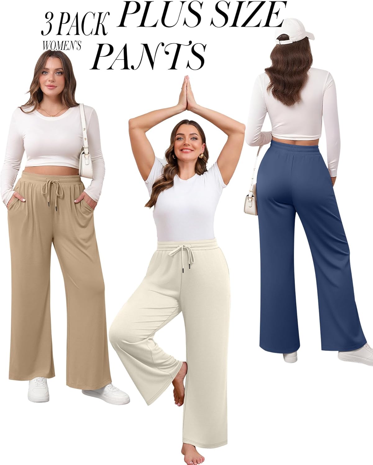 Huukeay 3 Pack Women's Plus Size Pants Wide Leg Yoga Pants Baggy Lounge Sweatpants with Pockets Drawstring High Waist Jogger - Image 5