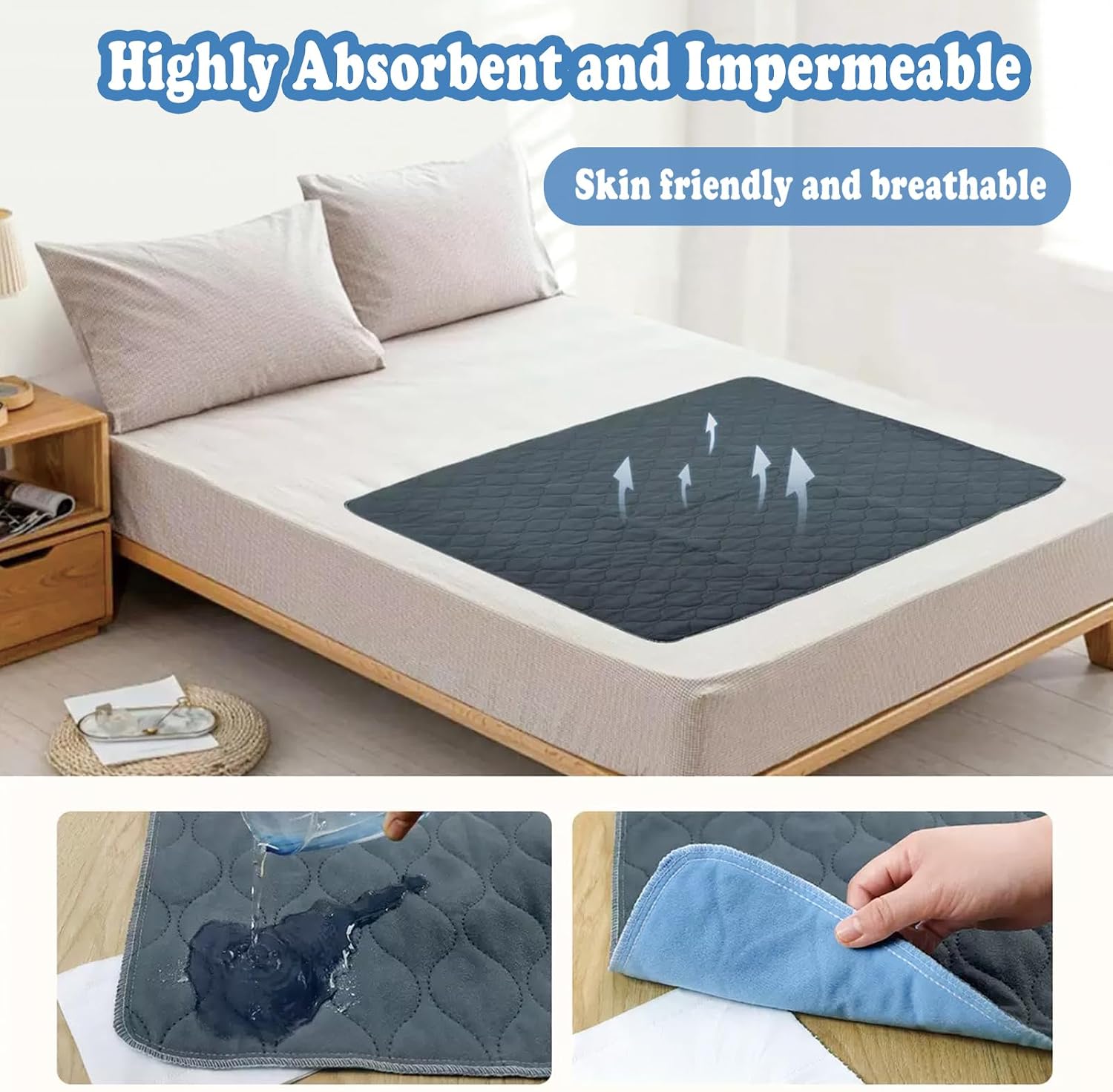 Washable Underpads 47”x 28”, Waterproof Reusable Heavy Absorbency Incontinence Bed Pads for Adults, Kids, Elderly and Pets, Bedwetting Pads for Bed, Sofa, Floor, Grey