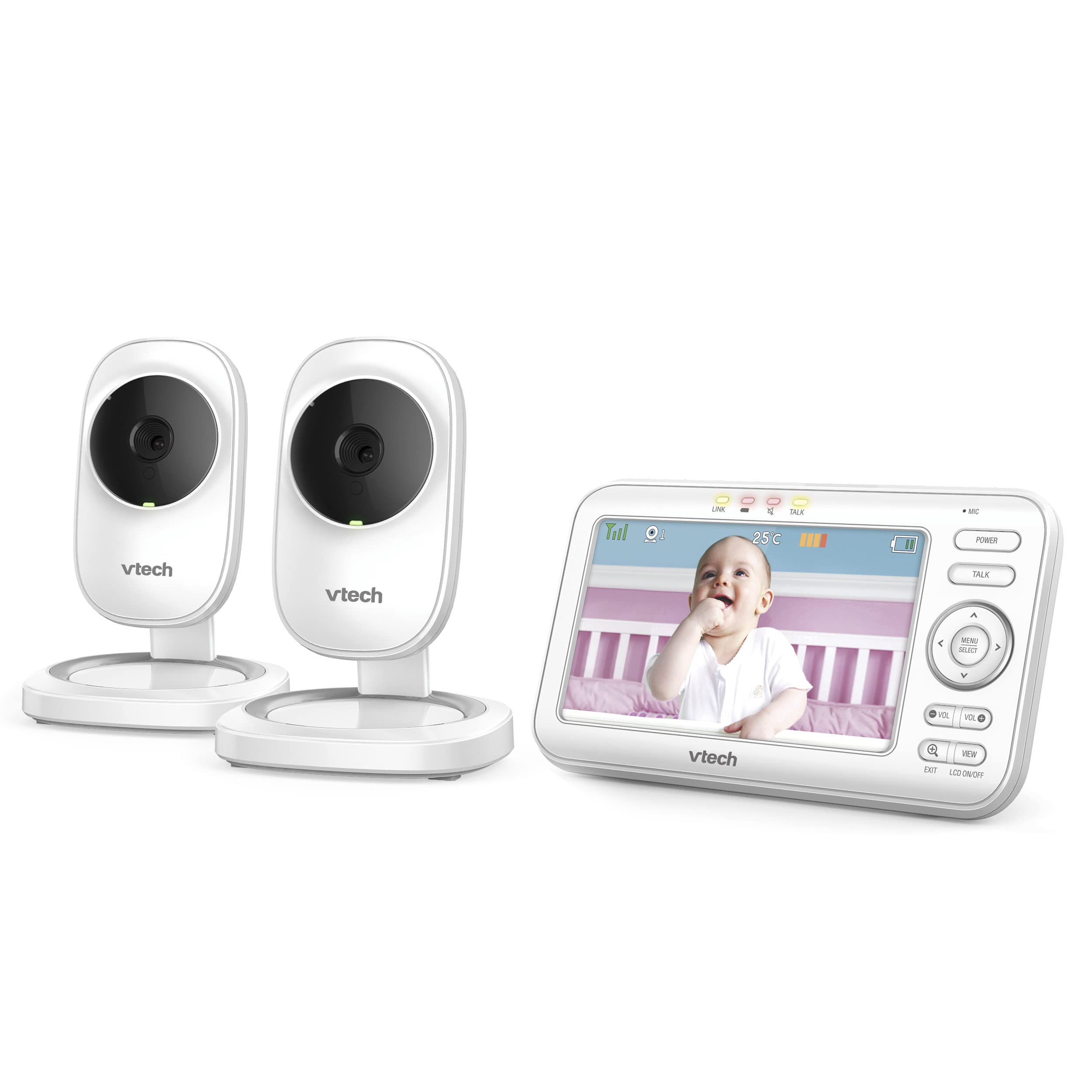 VTech Monitor de bebé LM808-2W con 2 cámaras, 300 m de Largo Alcance, visión Nocturna automática, Monitor de Video para bebé con Pantalla de 5 Pulgadas, conversación de Audio de 2 vías, Sensor de