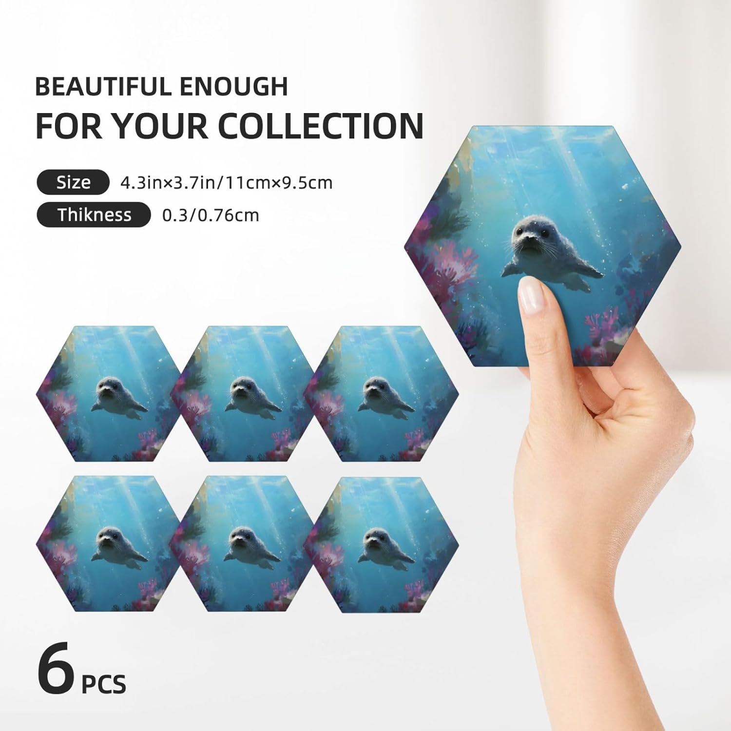 (Seal Swimming) Ceramic Coasters Set of 6 with Holder Non-Slip Hexagon Coffee Coasters for for Cup Mug Drink Patio Coffee Table Decor, Christmas Coasters Home Bar Supplies