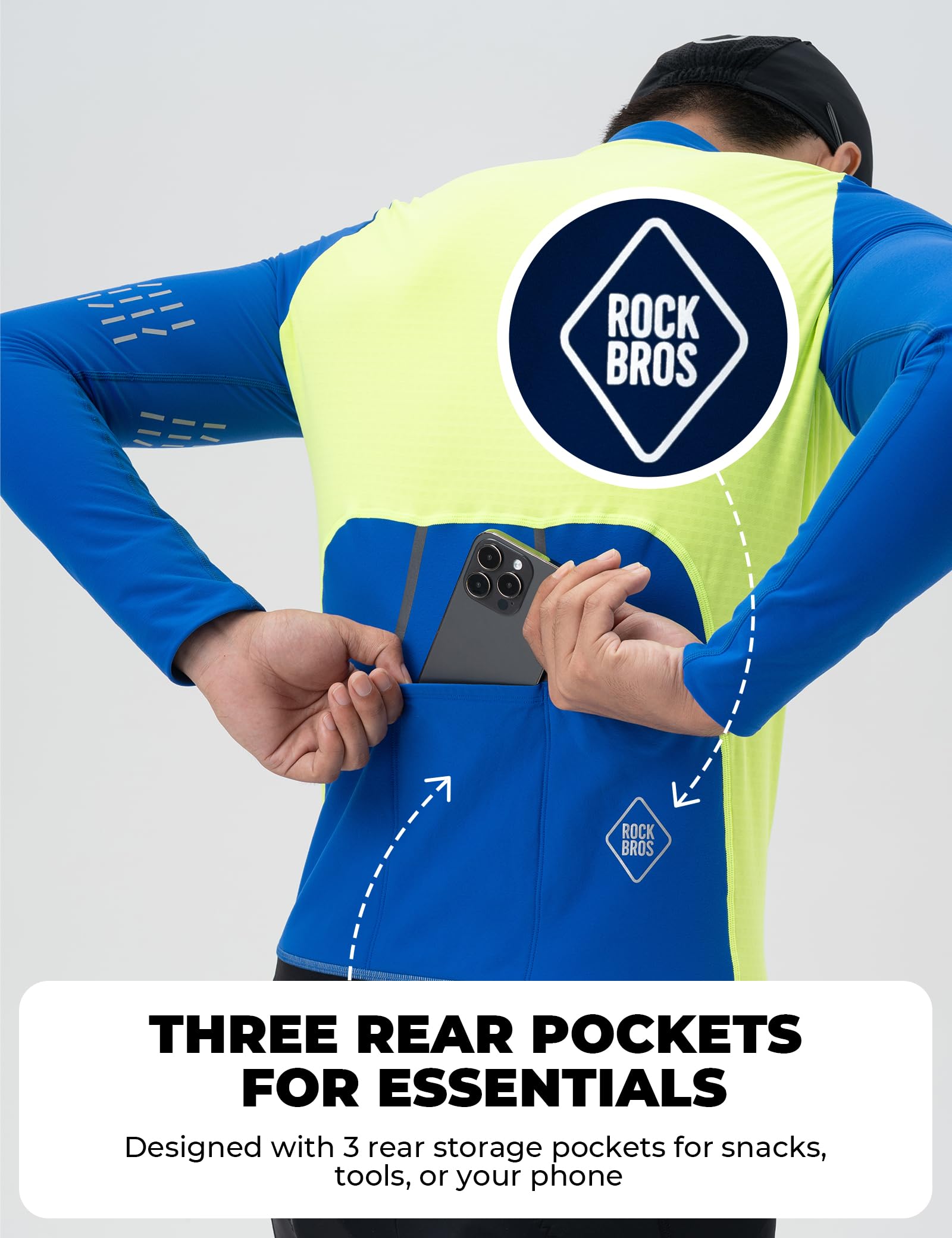 ROCKBROS Fahrradtrikot Langarm Herren Winter, Warm Fleece Radtrikot Atmungsaktiv Elastisch Mit 3 Taschen und Reflektierend Elemente für Frühling Herbst Rennrad MTB