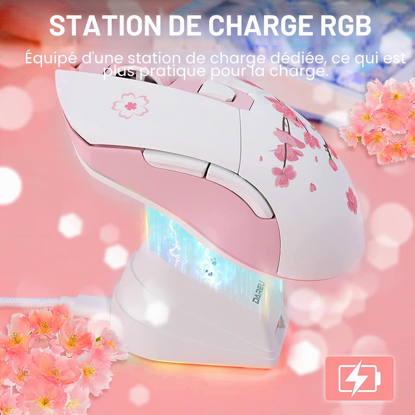DAREU Sakura Souris sans Fil Rose avec Station de Chargement Rechargeable RGB, 12K DPI, 7 Boutons Programmables, Capteur Haute Précision 300IPS 1000Hz Souris Gamer pour PC Notebook Mac- Rose et Blanc