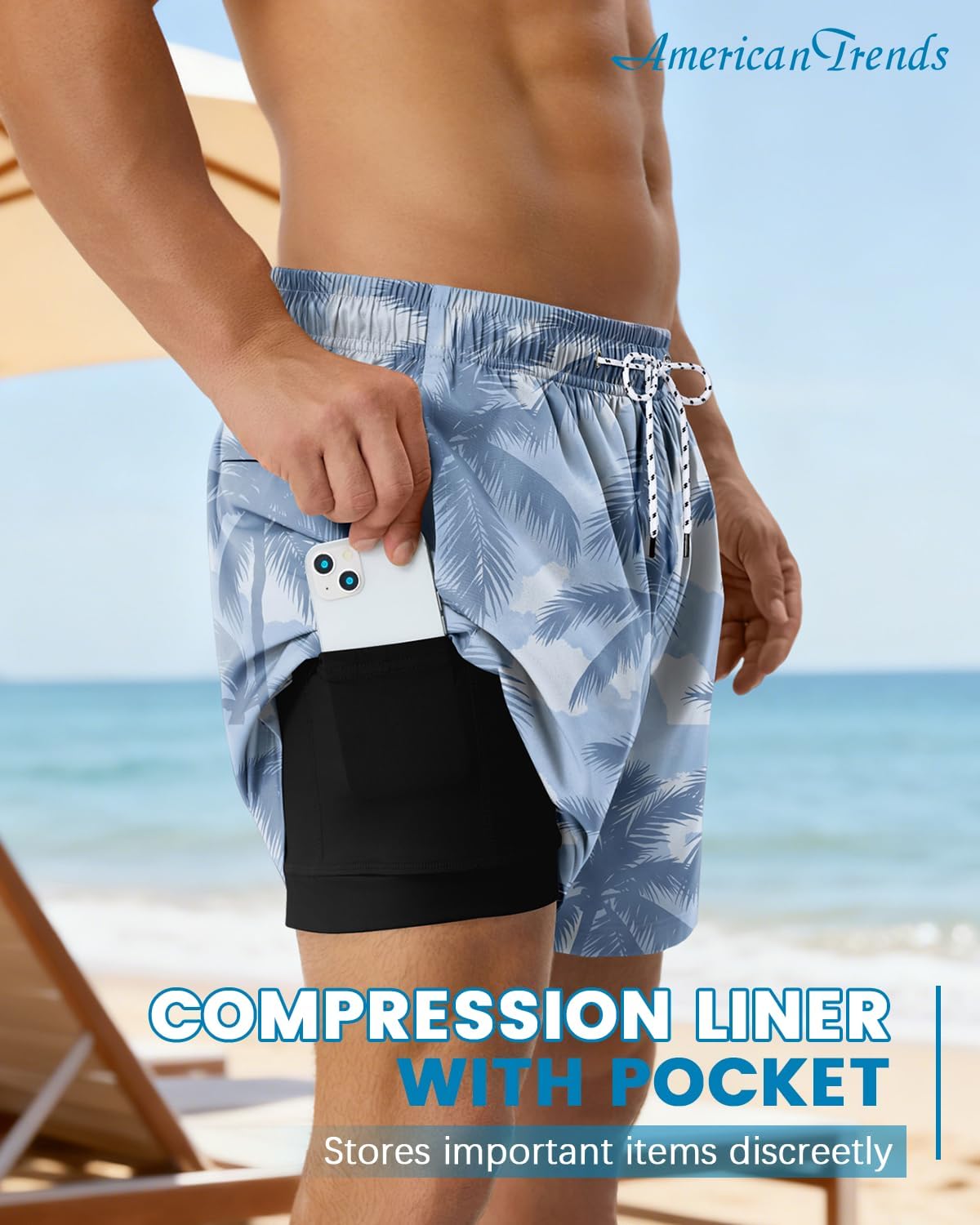 American Trends Mens Swim Trunks with Compression Liner Quick Dry Swimsuit 5" Men's Board Shorts