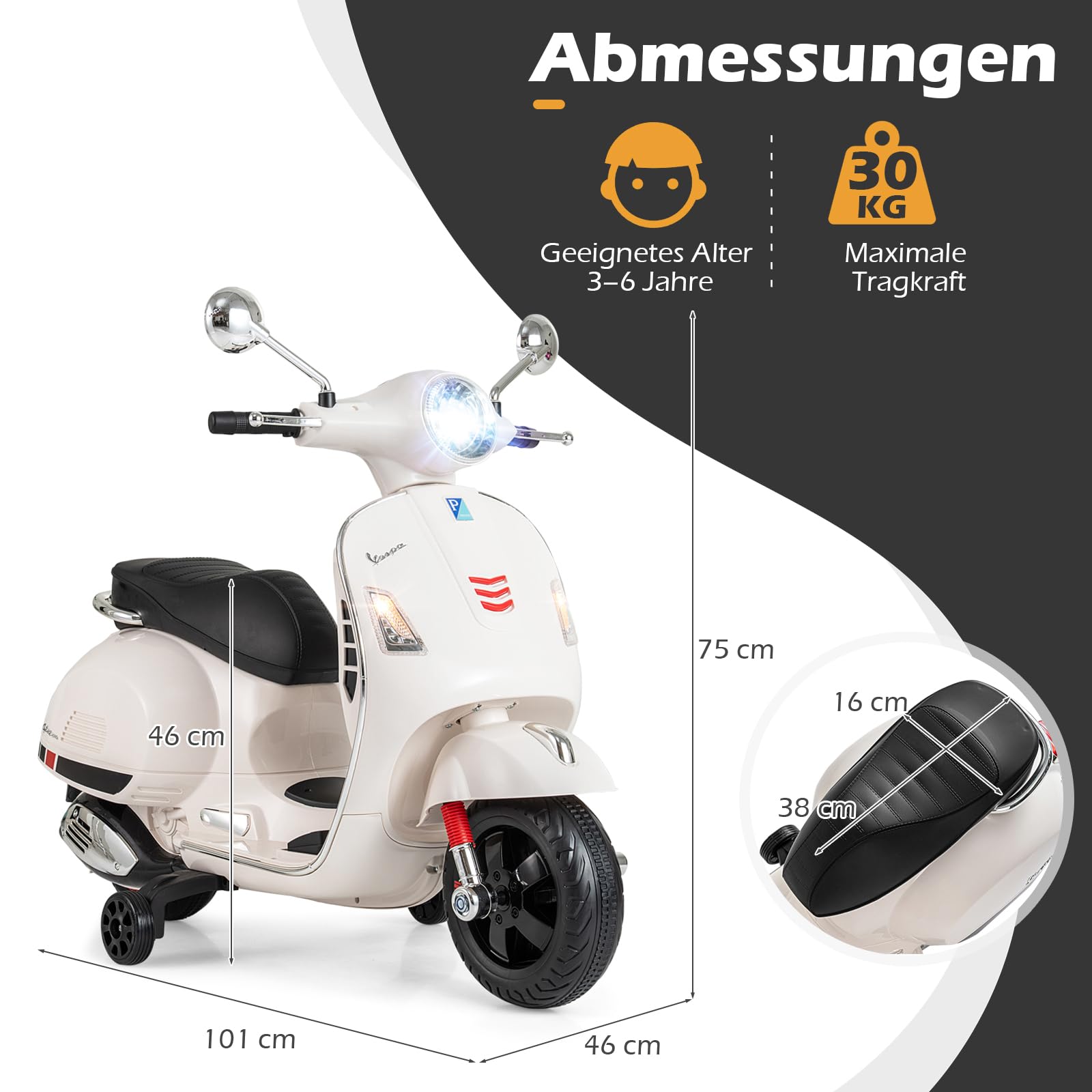 COSTWAY Kinder Motorrad Elektrisch, Vespa 12V Motorrad mit LED-Scheinwerfer & Hupe, 2-3 km/h Elektro Kindermotorrad mit Stützrädern, Elektrofahrzeug für Jungen & Mädchen von 3-6 Jahren (Weiß)