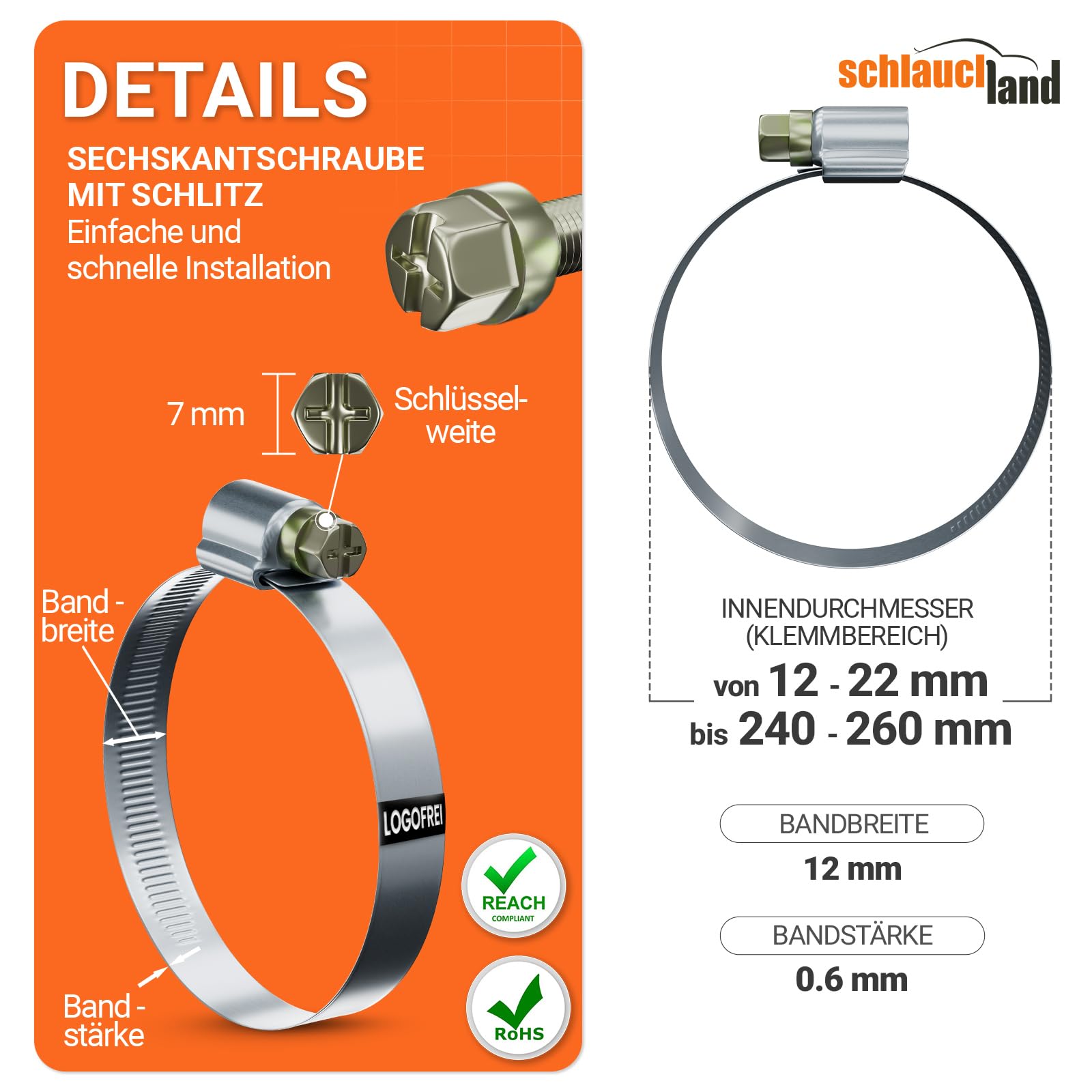50 Stück SCHLAUCHSCHELLE EDELSTAHL-SCHELLE Ø 40-60mm W2-QUALITÄT Edelstahl INOX V2A 1.4301 | GRÖSSEN 12-120mm & 1/10/20/50/100er Pack | Band 12mm Schnecken-Gewinde Schlauch-Klemme Rohrschelle TOP