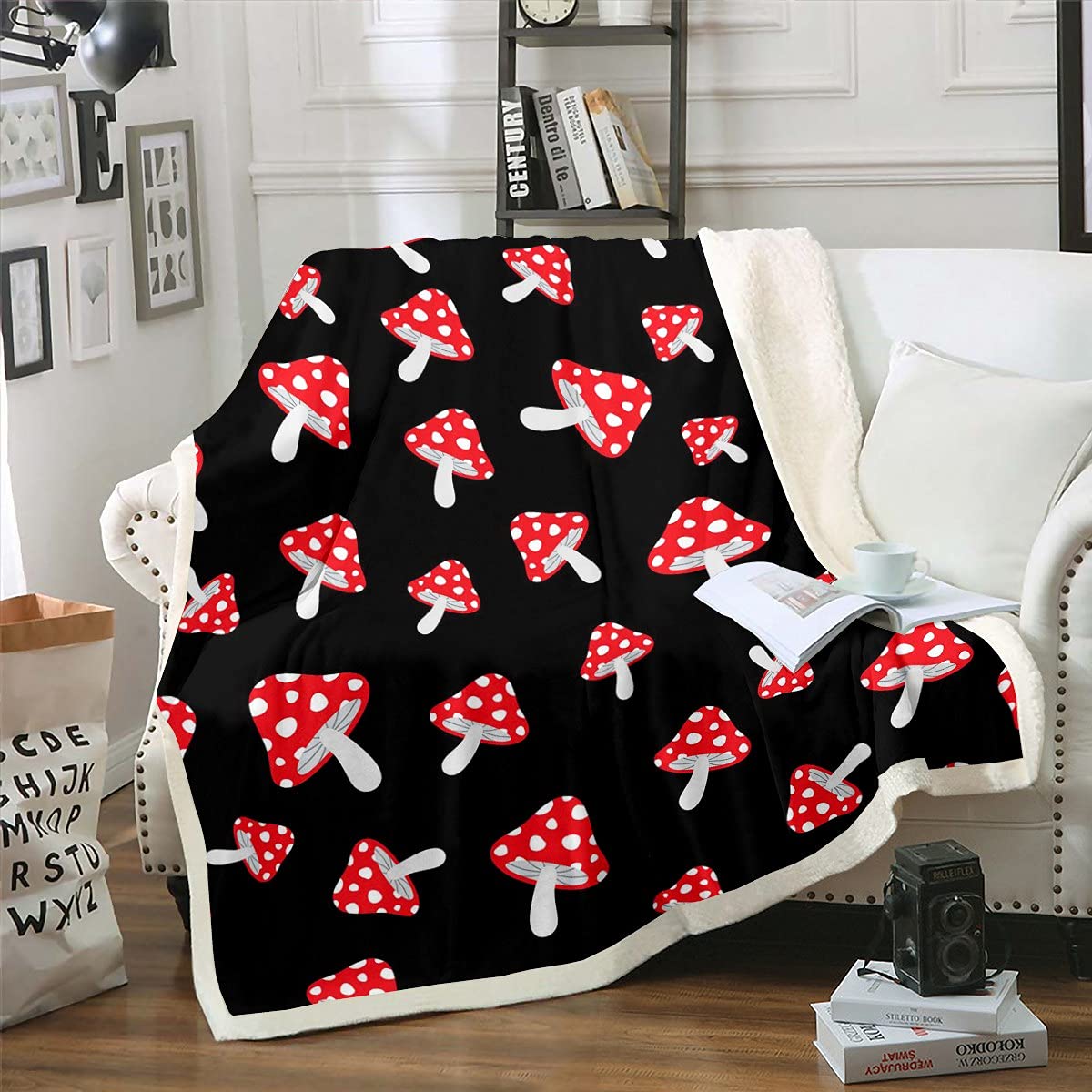 Richhome Boys Multi 1 Mushroom Blanket, Cute Cartoon Botanical Fleece Single Blanket, Kids Girls Kawaii Pattern Plush Single Blanket For Living/Bedroom Sofa, Black Red Double 60"X79"