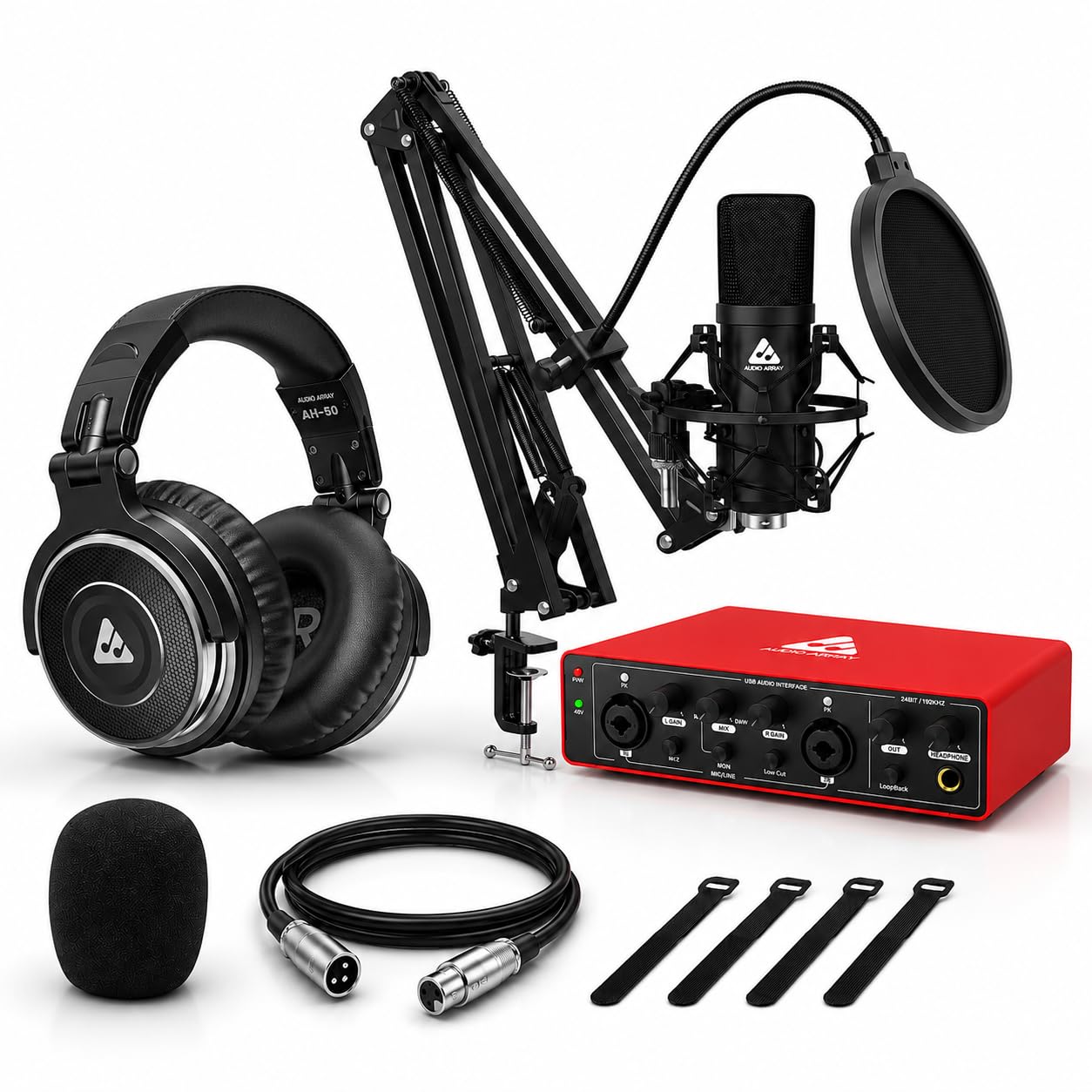Audio Array Studio Recording Bundle| XLR Condenser Mic with 24-bit/192kHz Audio Quality, 2-Channel USB Audio Interface with 48V Phantom Power, +60dB Gain with 50mm Studio Monitoring Headphone | PB-15-image-2