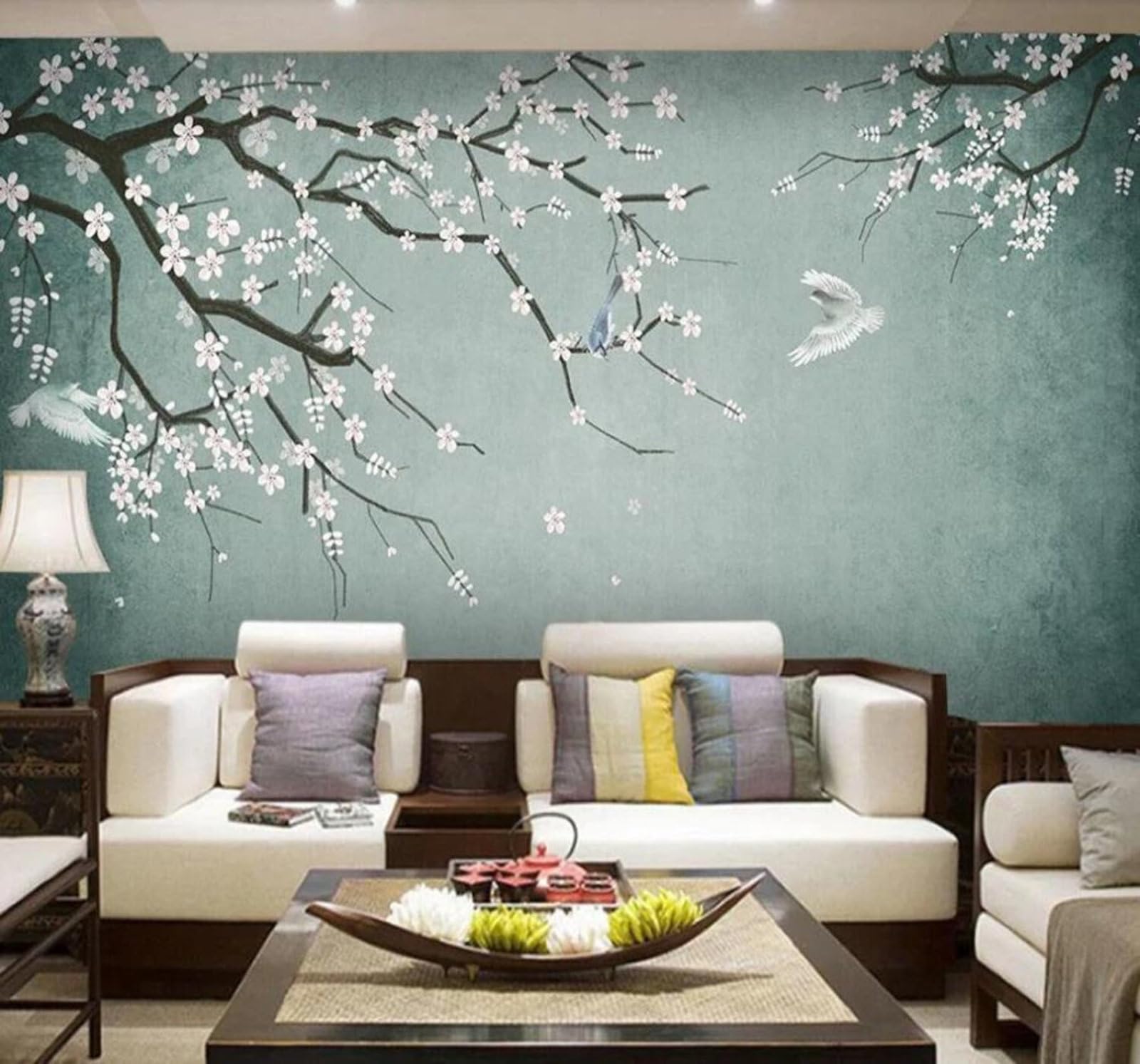 Tzxztt 350Cm×256Cm(B×H) Beautiful Hand Drawn Flowers And Birds Plum Blossoms Art Modern 3D Wallpaper Premium Textured Silk Neutral Tones Material Ideal For Living Room Bedroom-350Cm×256Cm