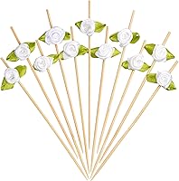 Vista 15 de Minisland Palillos de cóctel de flores de rosa rosa, palillos de bambú de 4.7 pulgadas de largo para aperitivos, decoración de despedida de soltera