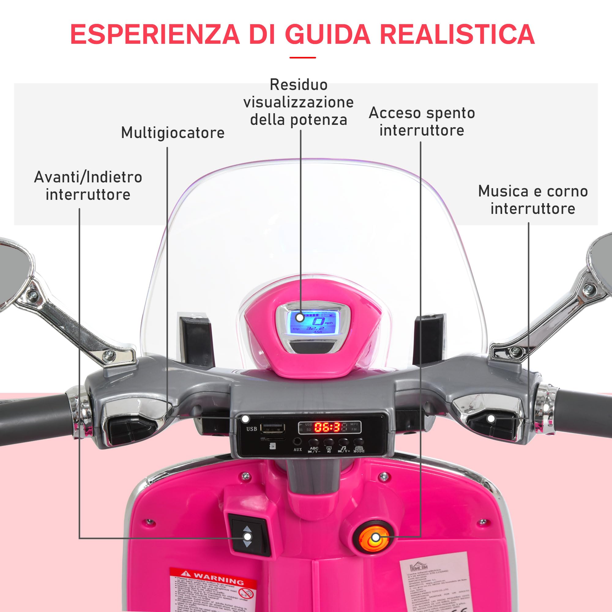 HOMCOM Vespa Elettrica per Bambini con 2 Rotelle, Luci e Suoni, Moto Elettrica per Bambini 3+ Anni, Moto Giocattolo in PP e Acciaio, 108x49x75 cm, Rosa