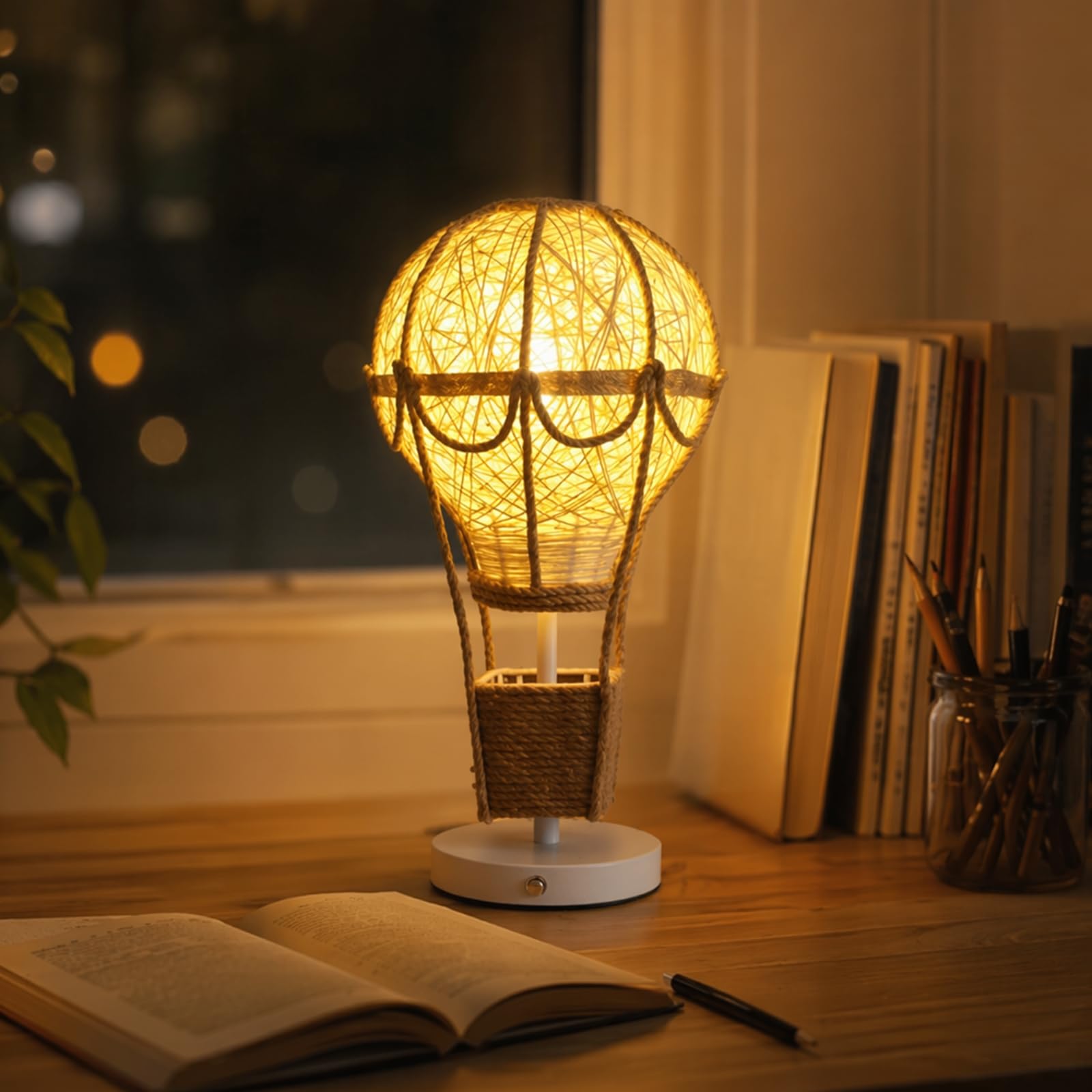 Lampada a Mongolfiera in Rattan e Canapa, Luce Calda Diffusa, Decorazione Boho Unica e Romantica per Camera e Soggiorno