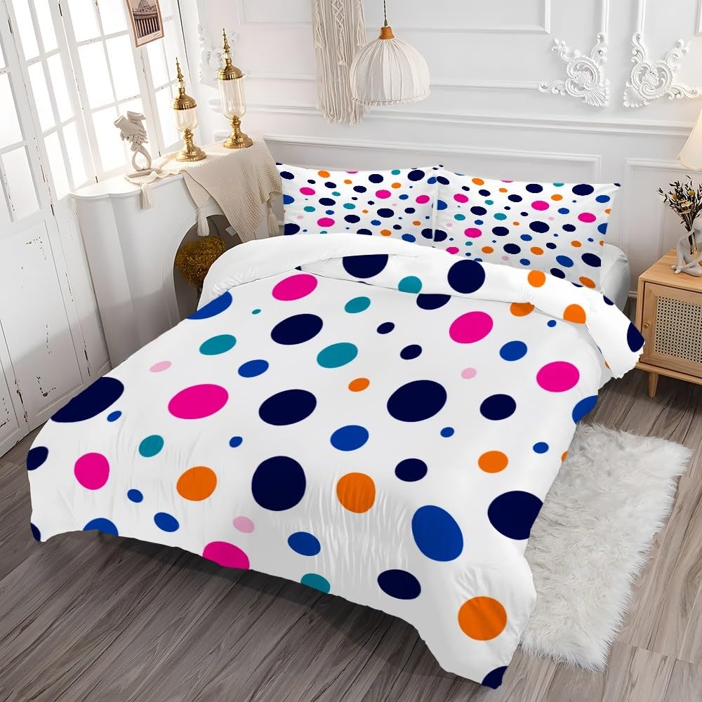 Pościel 3D 240 x 220 cm, miękka mikrofibra, proste kolorowe kropki, 3-częściowa poszwa na kołdrę z zamkiem błyskawicznym, hipoalergiczna, wysokiej jakości zestaw białych pościeli dla dzieci i