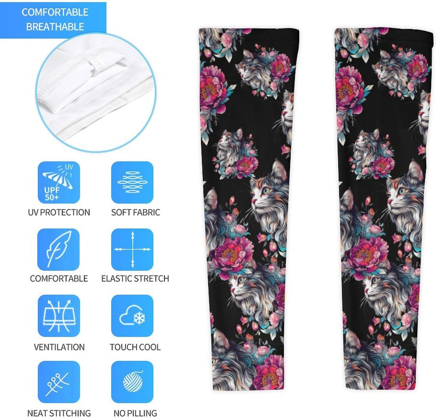 Boho Cute Cat Flowers Arm Sleeves Sun Protection Sleeves Sports Cooling Arm Compression Sleeve for Men Women