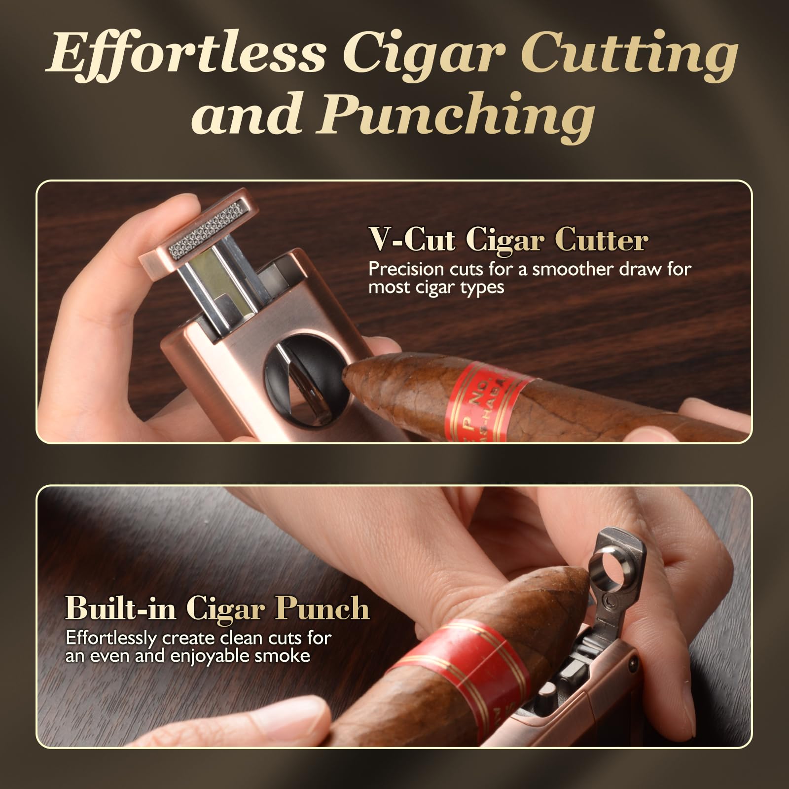 Cigar Humidor, Leather Cedar Wood Cigar Case, Travel Cigar Case with Cigar Lighter, Humidifier, Cigar Cutter, Cigar Punch 3-in-1 - Image 4
