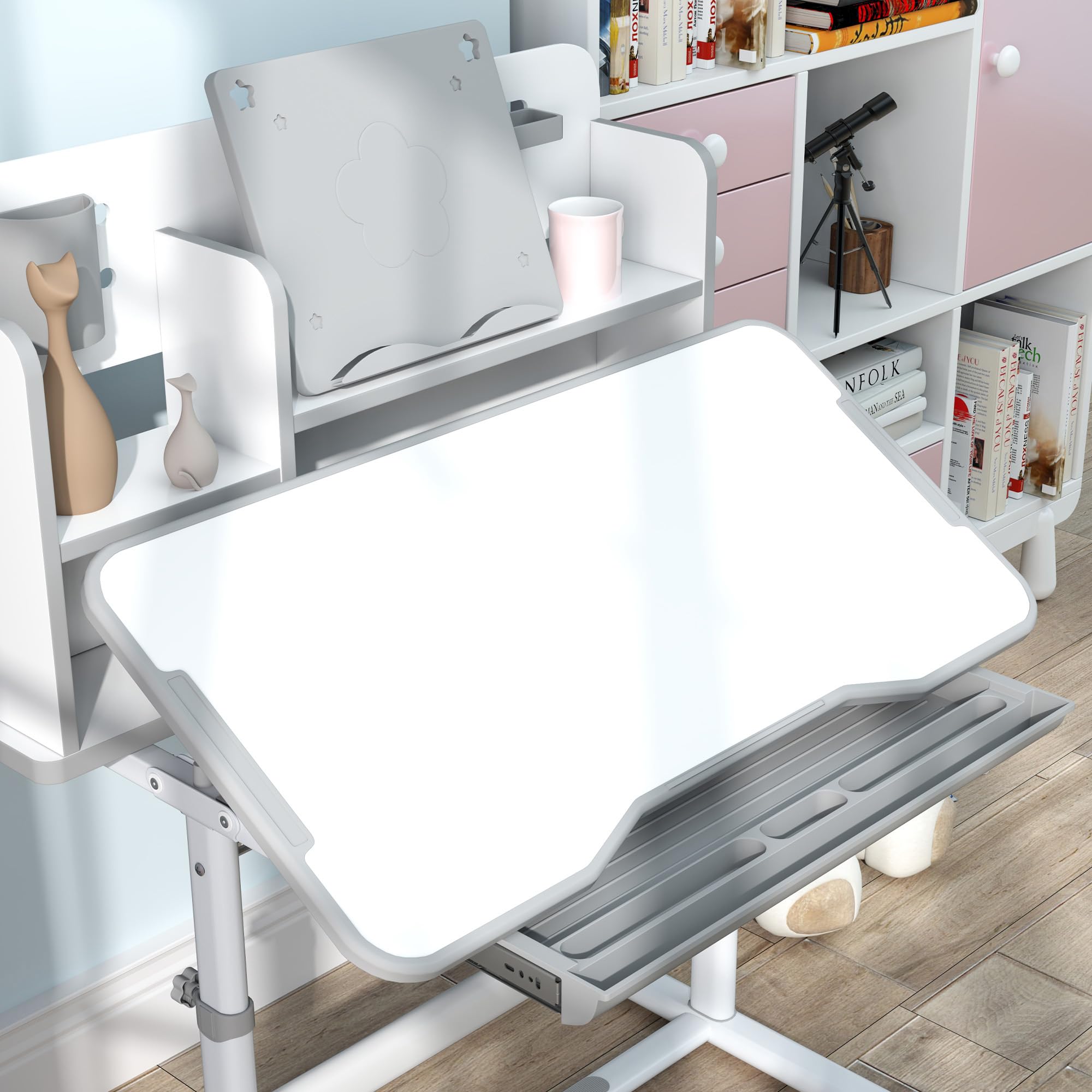 AIYAPLAY Juego de Escritorio y Silla para Niños de +3 Años, Pupitre Infantil Altura Ajustable con Tablero Inclinable, Cajón y Estantes, Respaldo Acolchado, para Libros, 80x55x107,5 cm, Gris