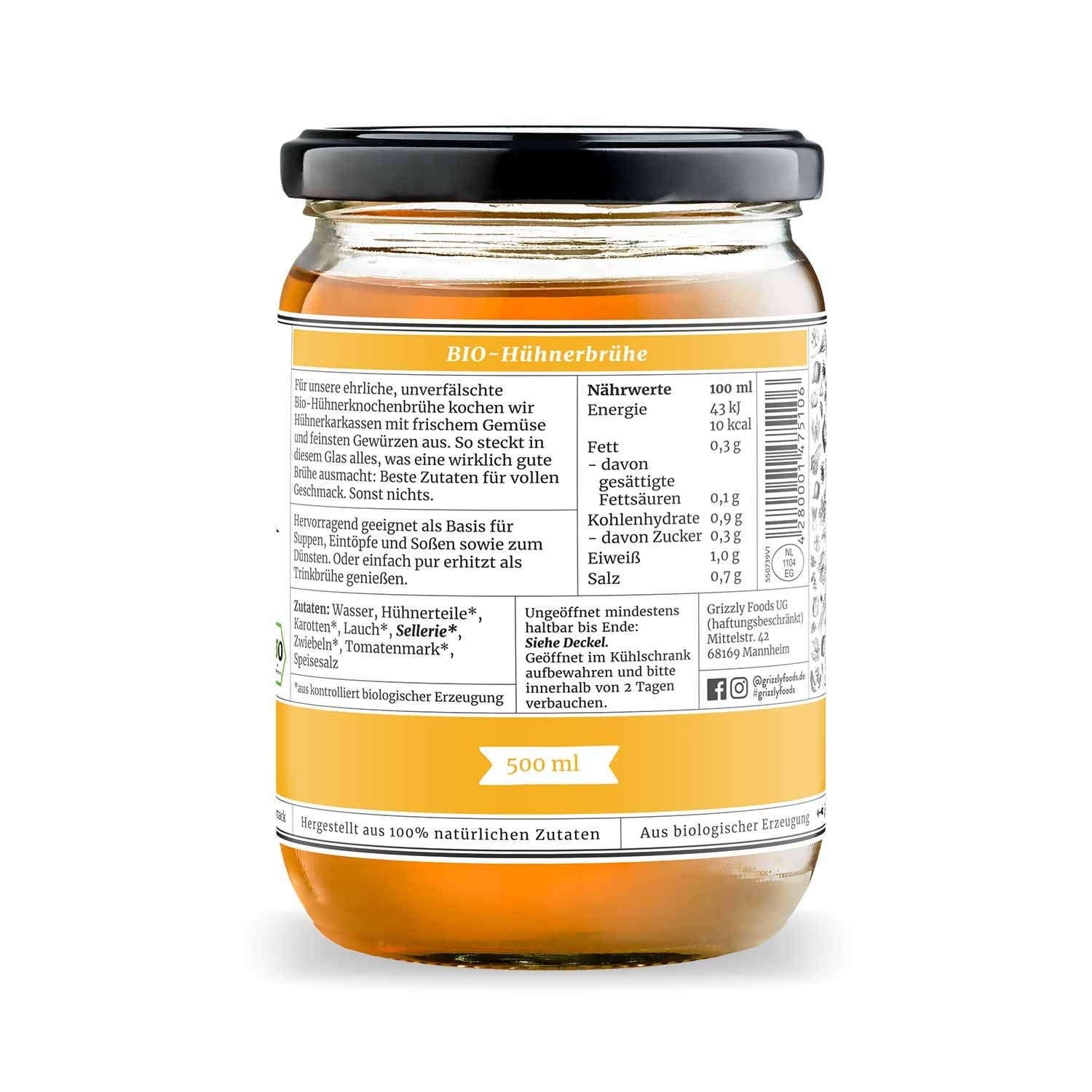 Grizzly Foods • BIO Hühnerbrühe (6 x 500ml) • 100% natürlich • Ohne Zucker & Geschmacksverstärker • Lange gekocht • Wertvolle Nährwerte • Fleischbrühe, Fond, Bouillon