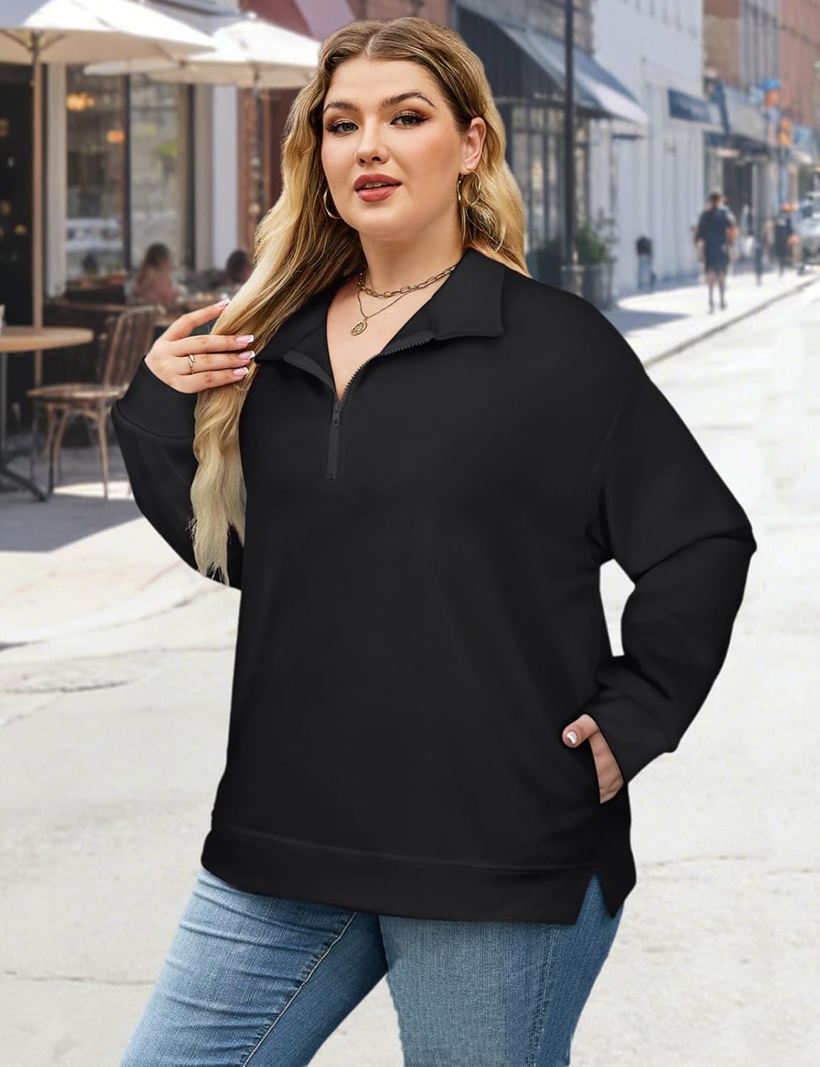 Misyula Style Plus Size Sweatshirts for Women Pockets Quarter Zip Pullover Long Sleeve Drop Shoulder Oversized Tops - Image 3