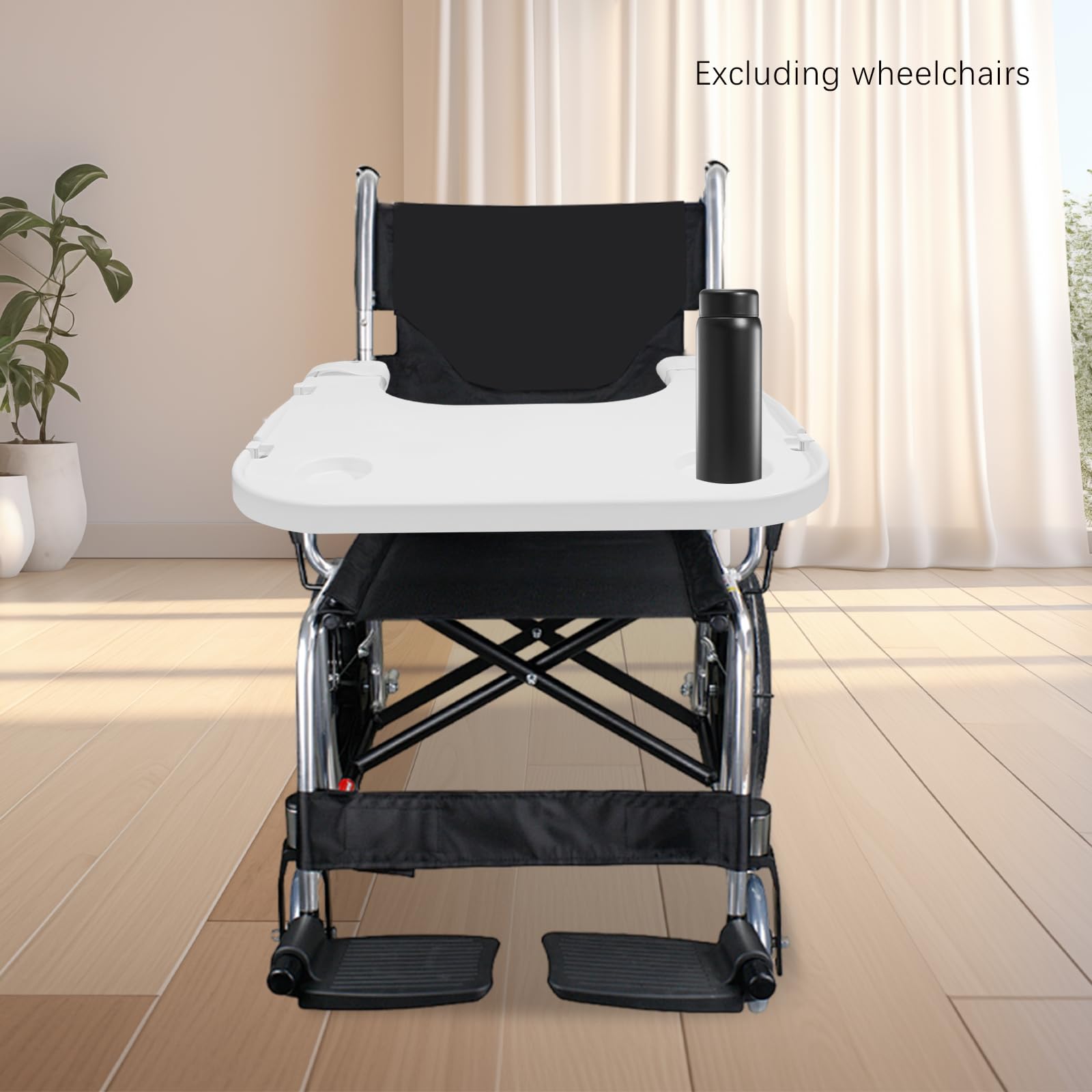 Tablett für Rollstuhl mit Becherhalter, ABS Kunststoff Rollstuhl Schoßtablett, Abnehmbar, Einfach zu Installieren, Rollstuhl Tablett Gesamtbelastbarkeit 80kg, 58 * 53cm (Weiß)
